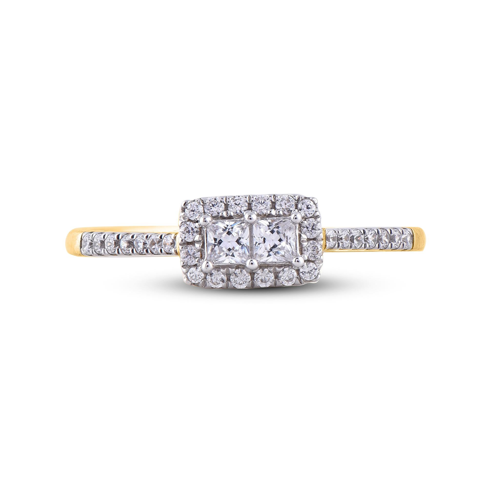 Art Deco TJD 0.33 Carat Princess/ Round Diamond 14 Karat Yellow Gold Engagement Ring For Sale