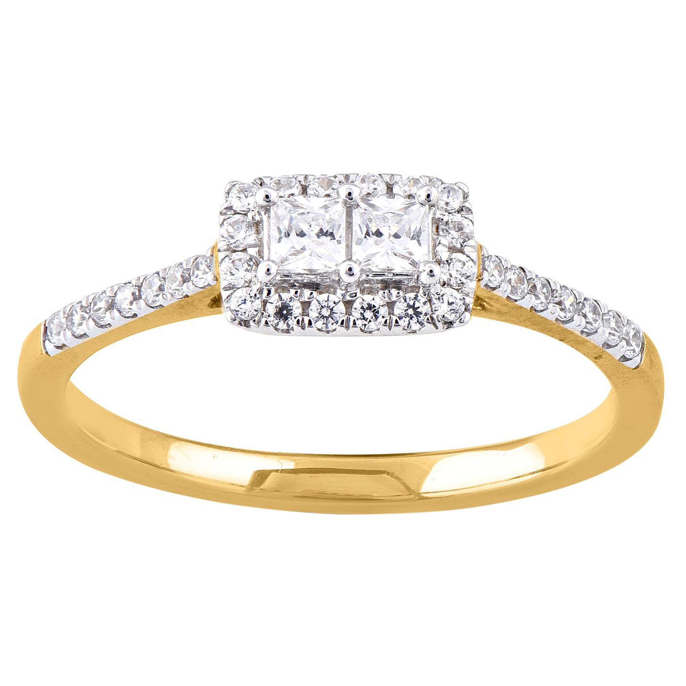 TJD 0.33 Carat Princess/ Round Diamond 14 Karat Yellow Gold Engagement Ring