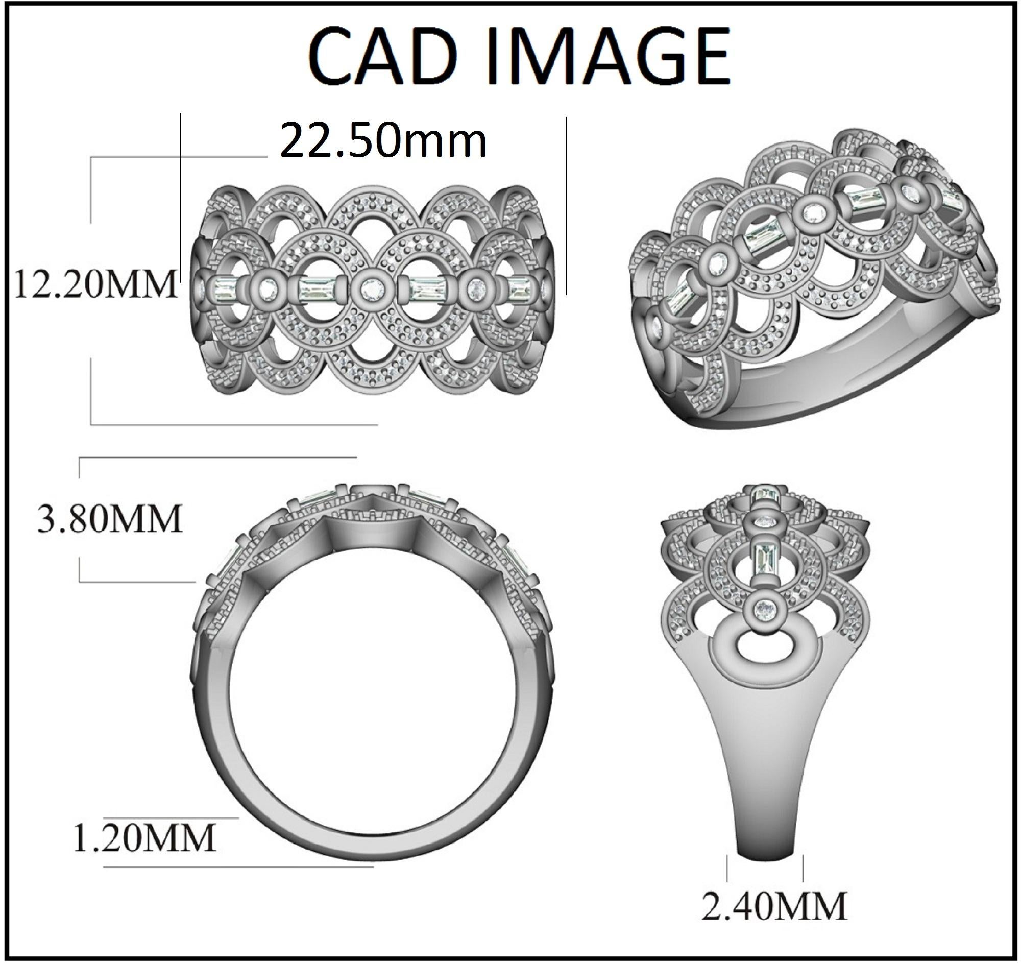 This Floral shaped Wide Band Ring is expertly crafted in 14 Karat White Gold and features with 117 sparkling round and 4 baguette cut diamond set in prong setting. We only use 100% natural and conflict free diamonds which sparkles in H-I color I1