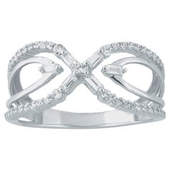 TJD 0.33 Carat Round and Baguette Diamond 14 Karat White Gold Cross Over Ring