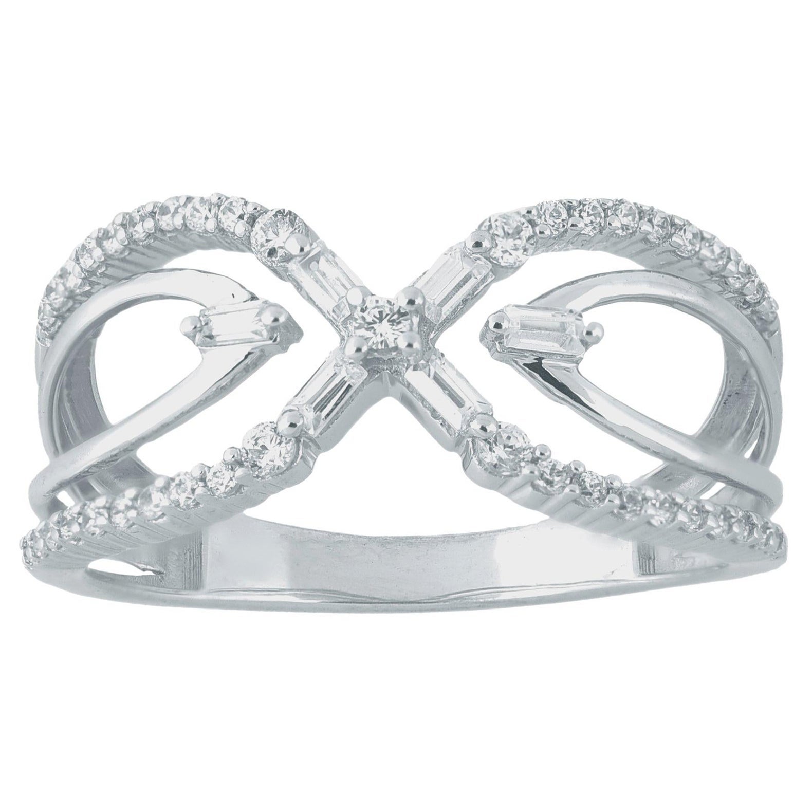 TJD 0.33 Carat Round and Baguette Diamond 14 Karat White Gold Cross Over Ring For Sale
