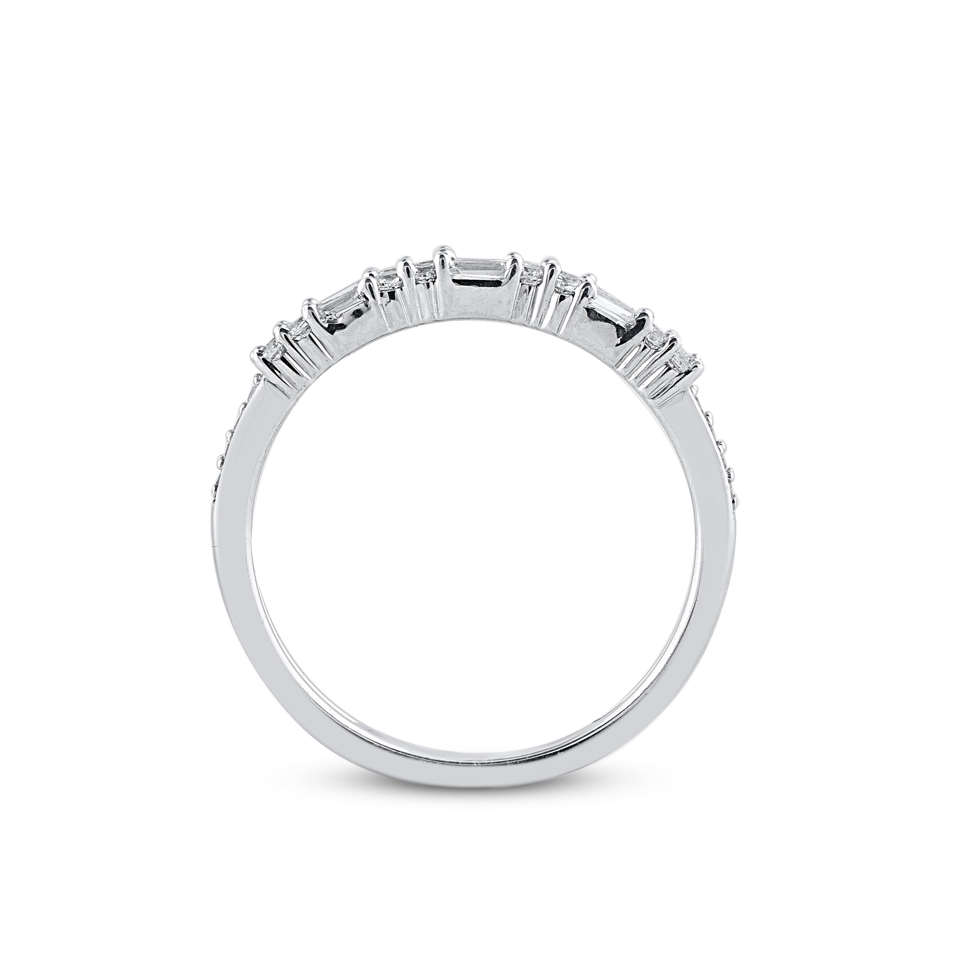 Women's TJD 0.33 Carat Round and Baguette Diamond 14 Karat White Gold Engagement Band For Sale