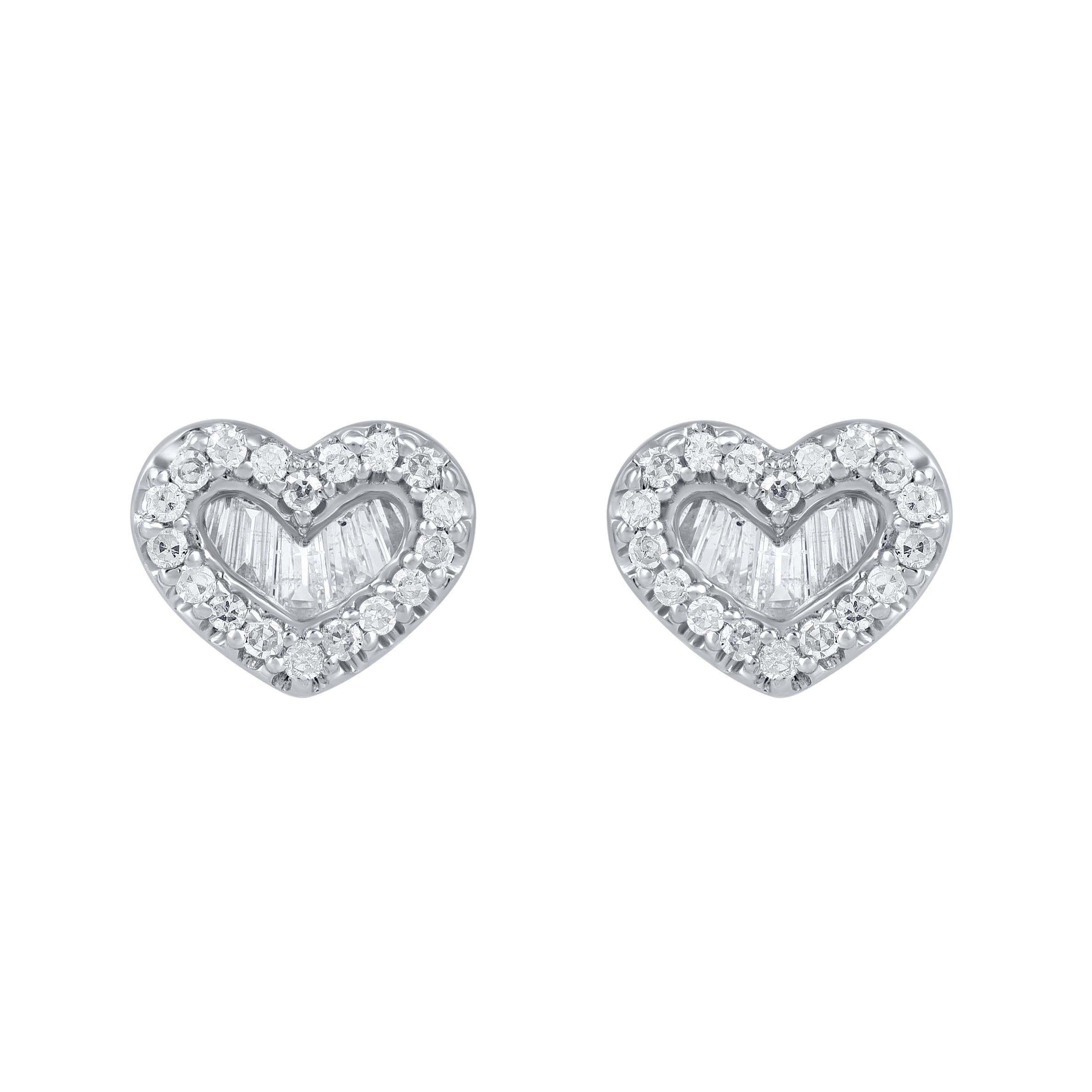 Romantic TJD 0.33 Carat Round and Baguette Diamond 14KT White Gold Heart Stud Earrings For Sale