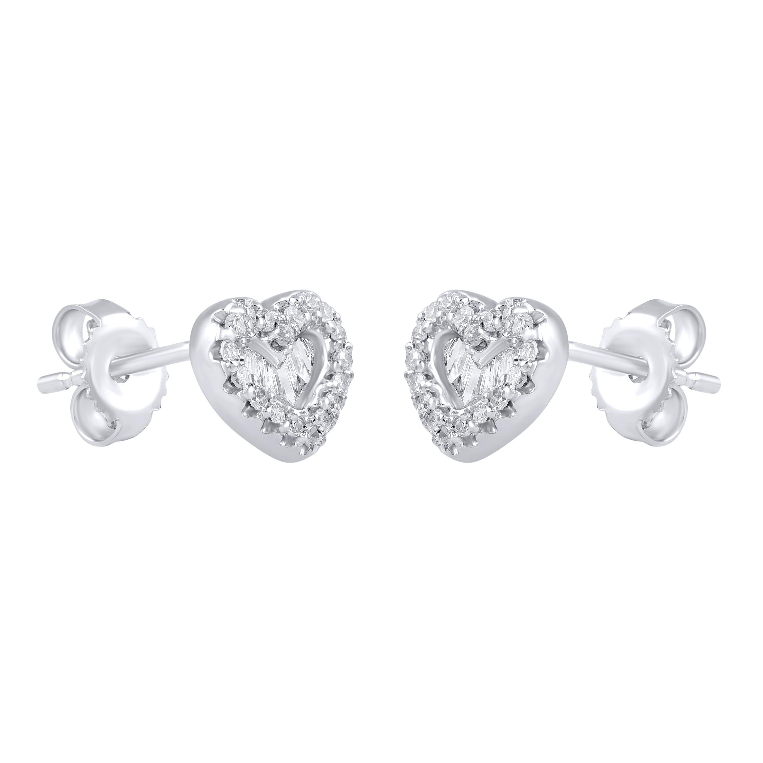 Mixed Cut TJD 0.33 Carat Round and Baguette Diamond 14KT White Gold Heart Stud Earrings For Sale