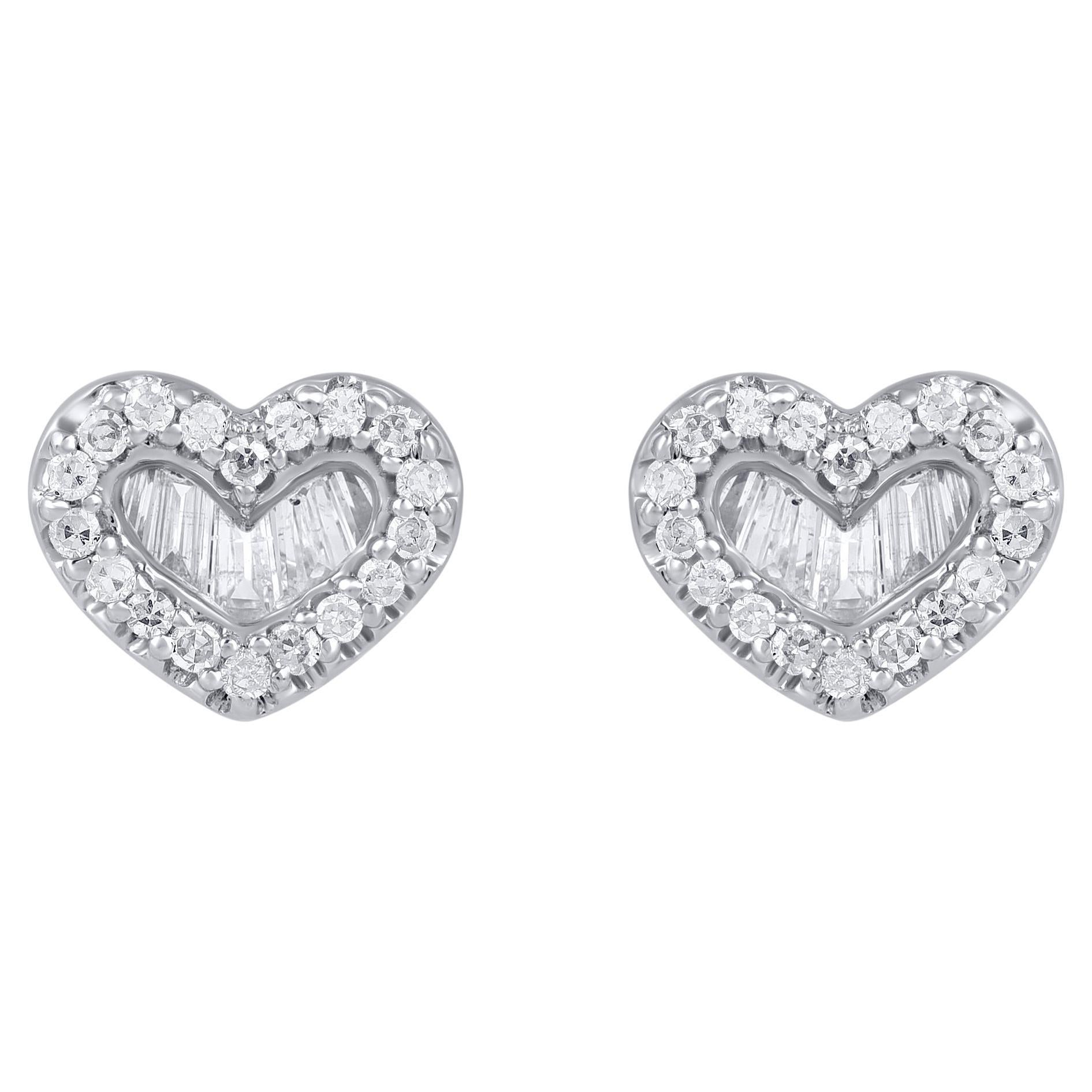 TJD 0.33 Carat Round and Baguette Diamond 14KT White Gold Heart Stud Earrings For Sale
