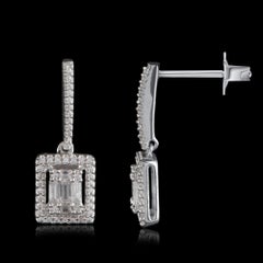 TJD 0.33 Carat Round and Baguette Diamond 18 Karat White Gold Halo Drop Earrings