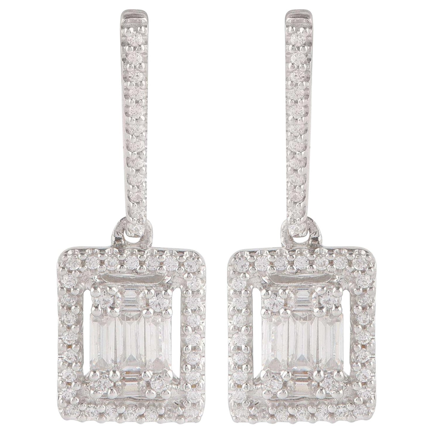 TJD 0.33 Carat Round and Baguette Diamond 18 Karat White Gold Halo Drop Earrings