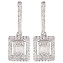 TJD 0.33 Carat Round and Baguette Diamond 18 Karat White Gold Halo Drop Earrings