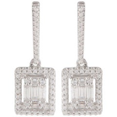 TJD 0.33 Carat Round and Baguette Diamond 18 Karat White Gold Halo Drop Earrings