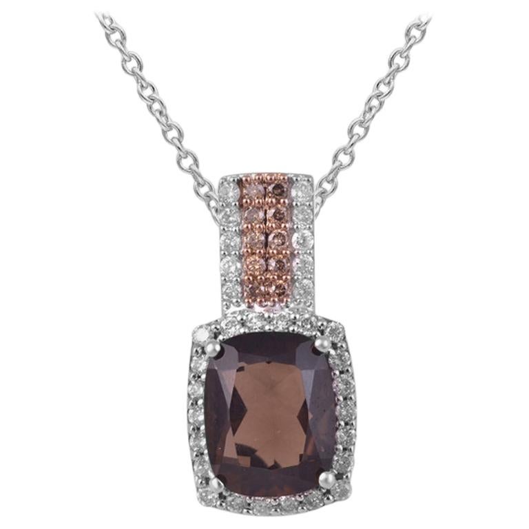 TJD 0.33 Carat Round, Cognac & Smoky Quartz 14k White Gold Cushion Frame Pendant