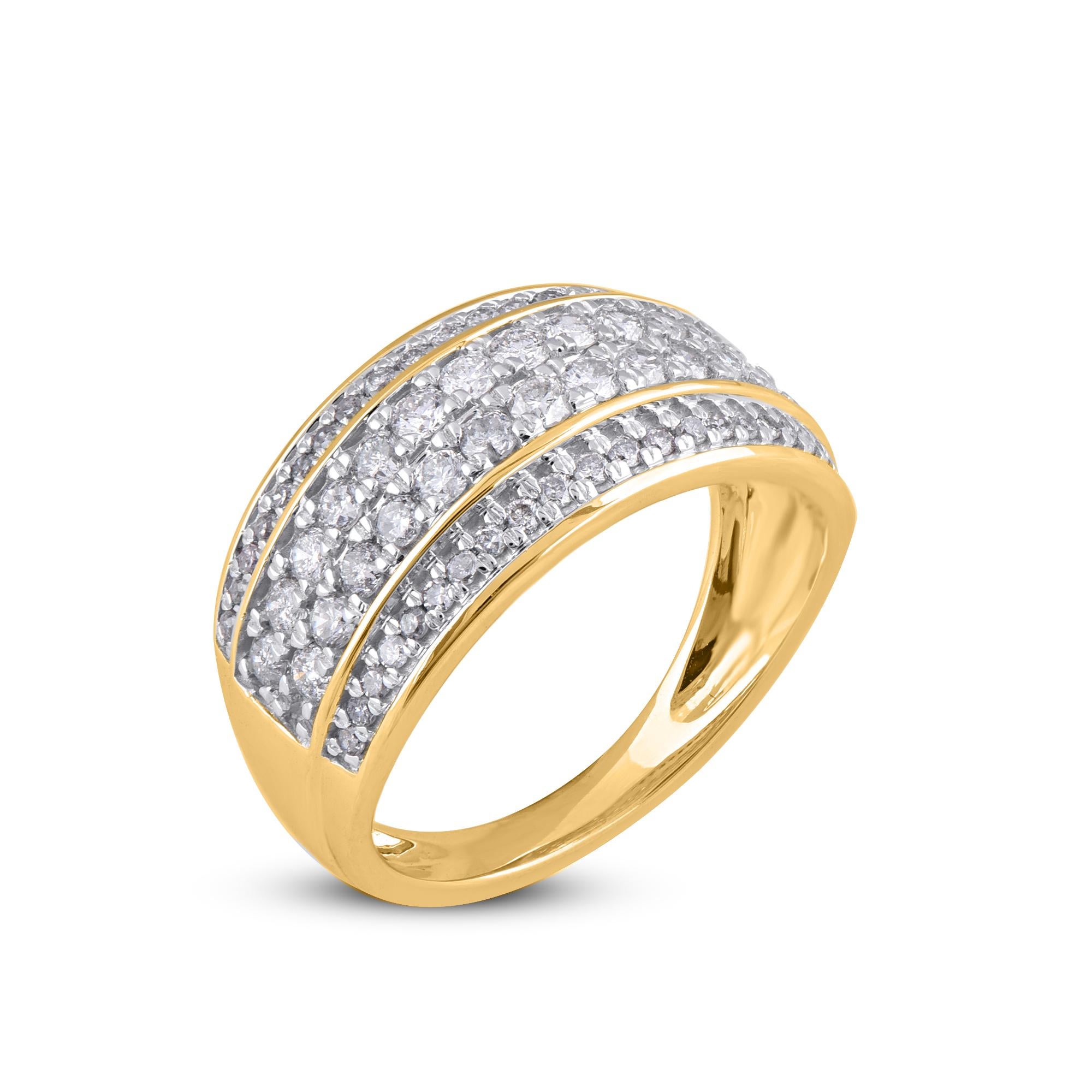 Unique yet timeless designer diamond studded ring to make you feel special and stand-out. Made by our skillful craftsmen in 14 karat yellow gold and studded with 102 brilliant cut and single cut diamond in pave setting. The total diamond weight is