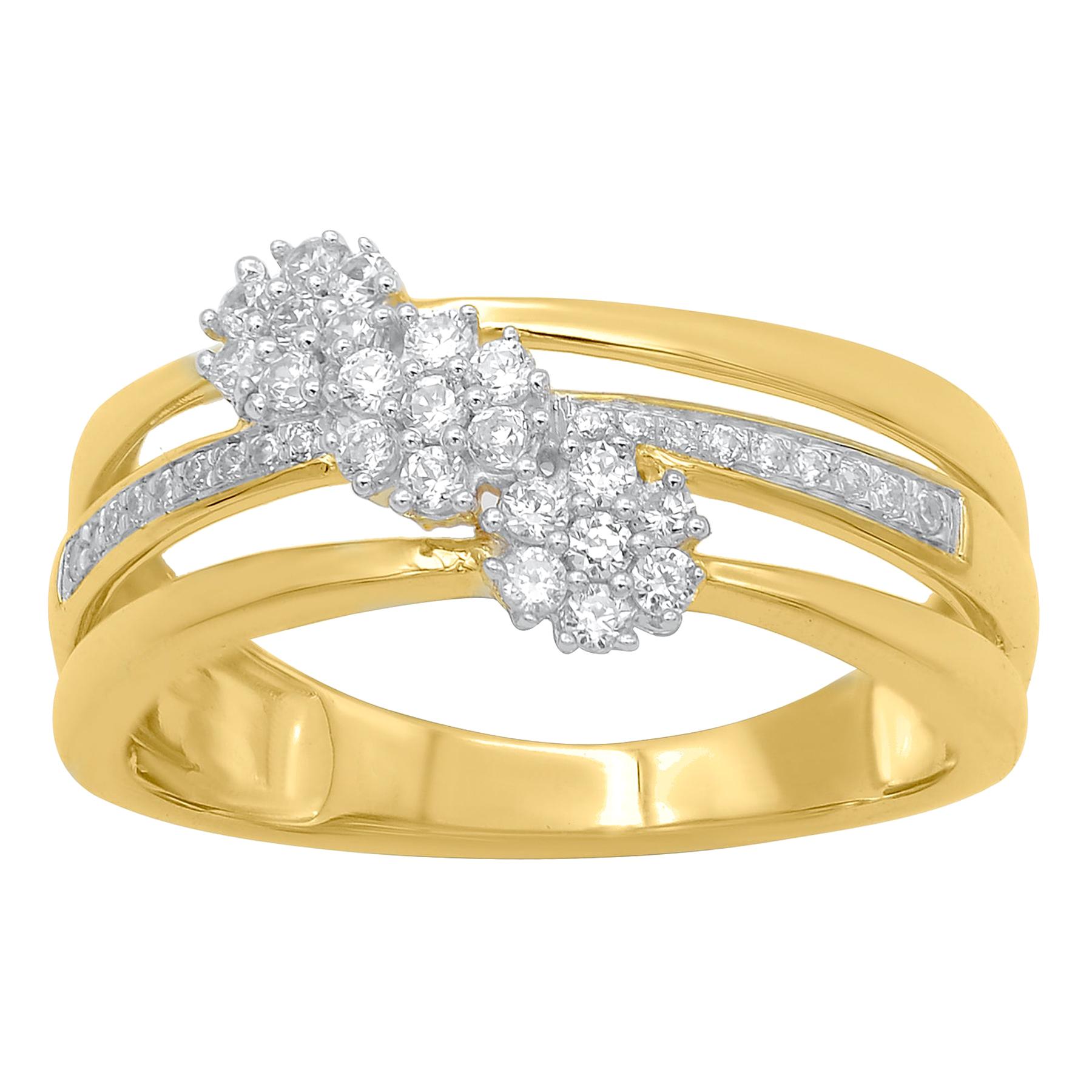 TJD 0.33 Carat Round Diamond 14Kt Yellow Gold 3 Cluster Anniversary Wedding Band For Sale