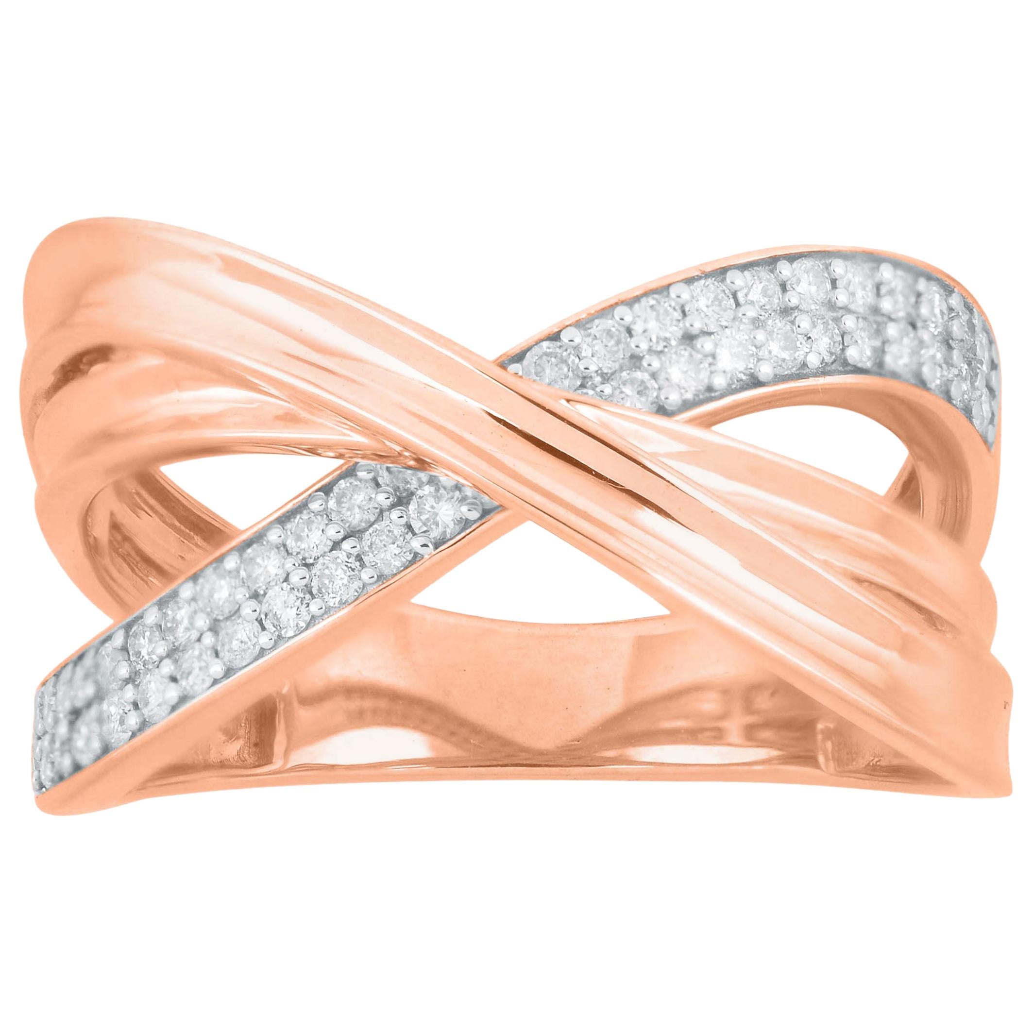 TJD 0.33 Carat Round Diamond 14 Karat Rose Gold Crossover Wedding Band Ring