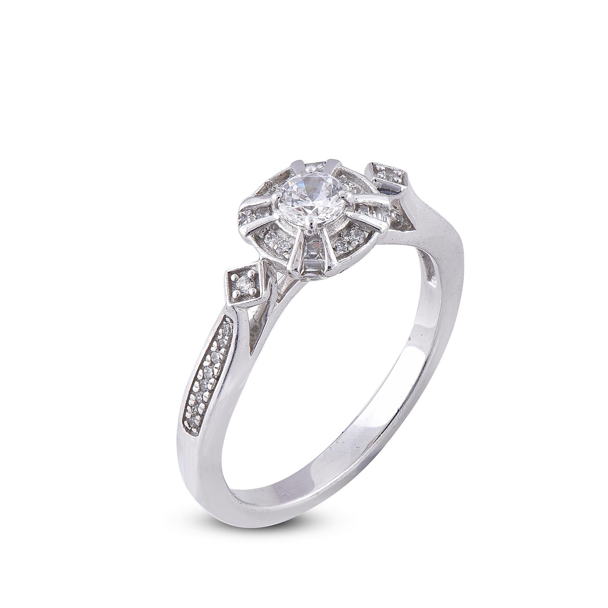Hand crafted by our inhouse experts in 14 karat white gold the engagement ring features 0.33 ct of lined diamond studded with 27 round and 8 baguette cut diamonds beautifully set in prong and pave setting. Dazzles in H-I color I2 clarity
