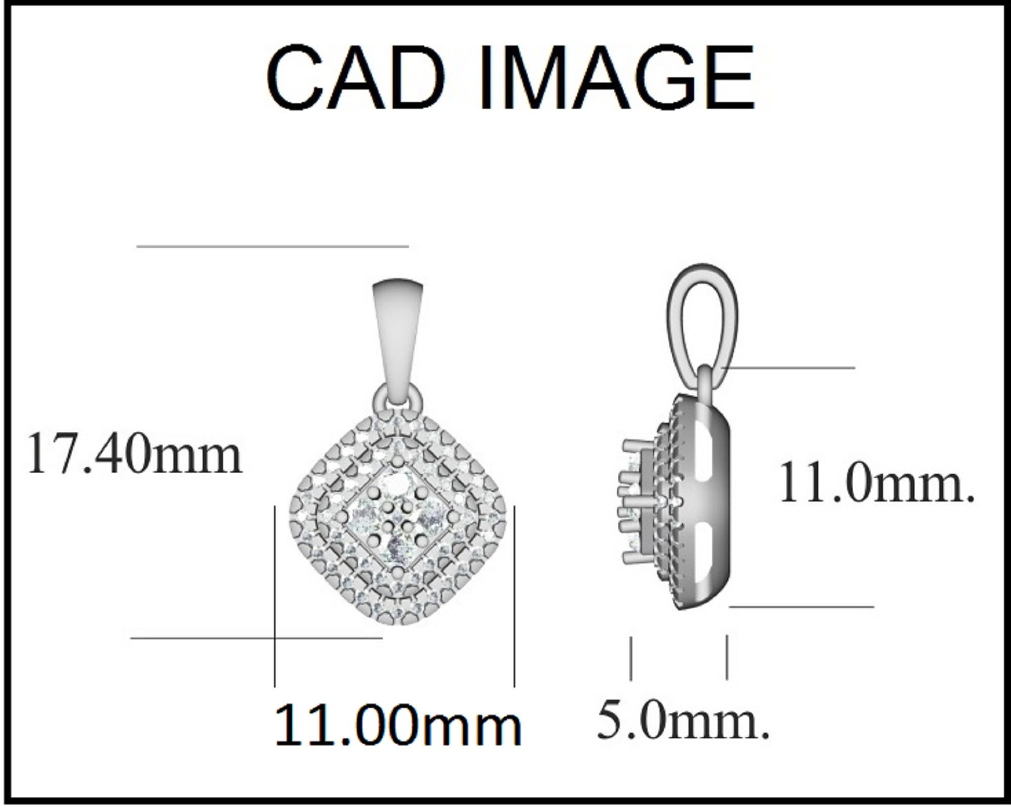 Aggiungi un tocco di luce al tuo look da giorno e da sera con questo pendente con diamante brillante a forma di cuscino. Il ciondolo è realizzato in oro bianco da 14 carati e presenta 53 diamanti rotondi incastonati in micropunte e griffe; il colore