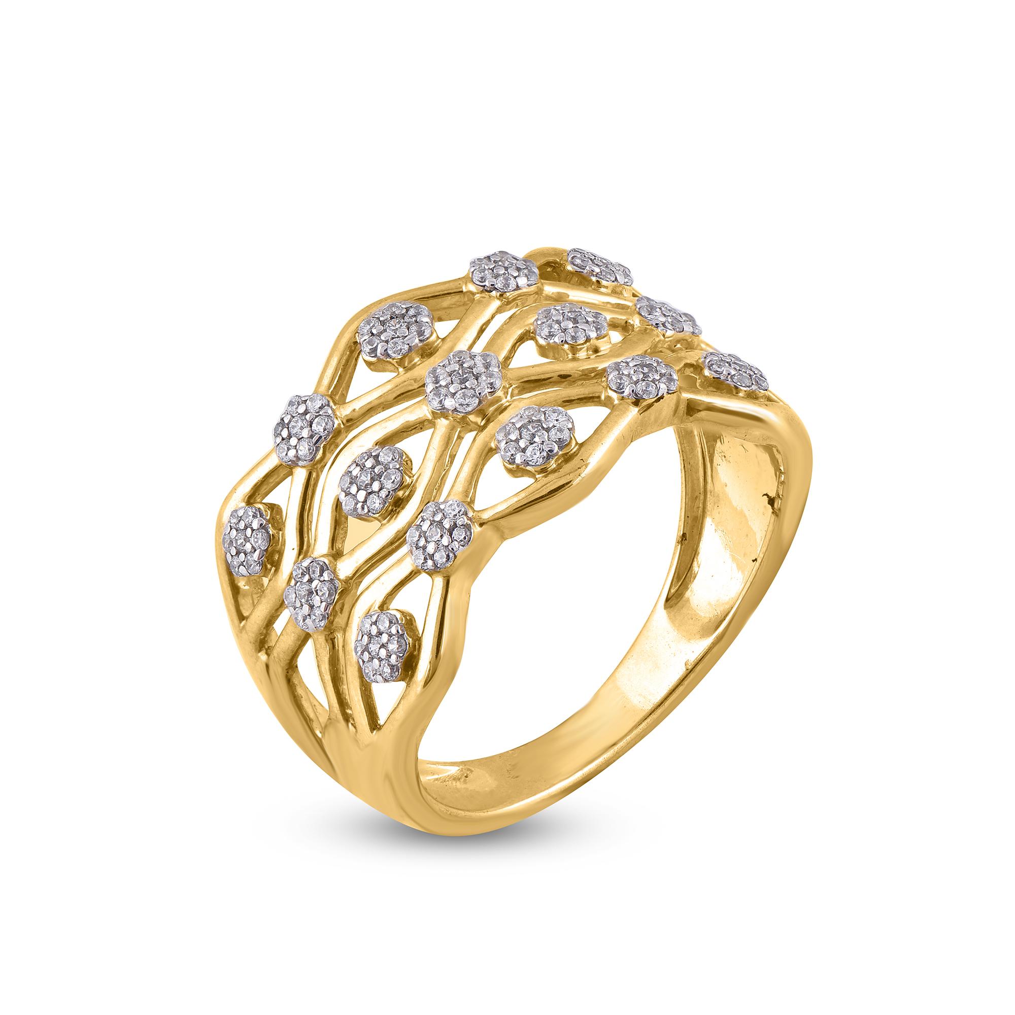 Truly exquisite, she'll admire the effortless look of this graceful diamond wave ring. The ring is crafted from 14-karat gold in your choice of white, rose, or yellow, and features 105 round diamond set in Prong and shine in H-I color I2 clarity and