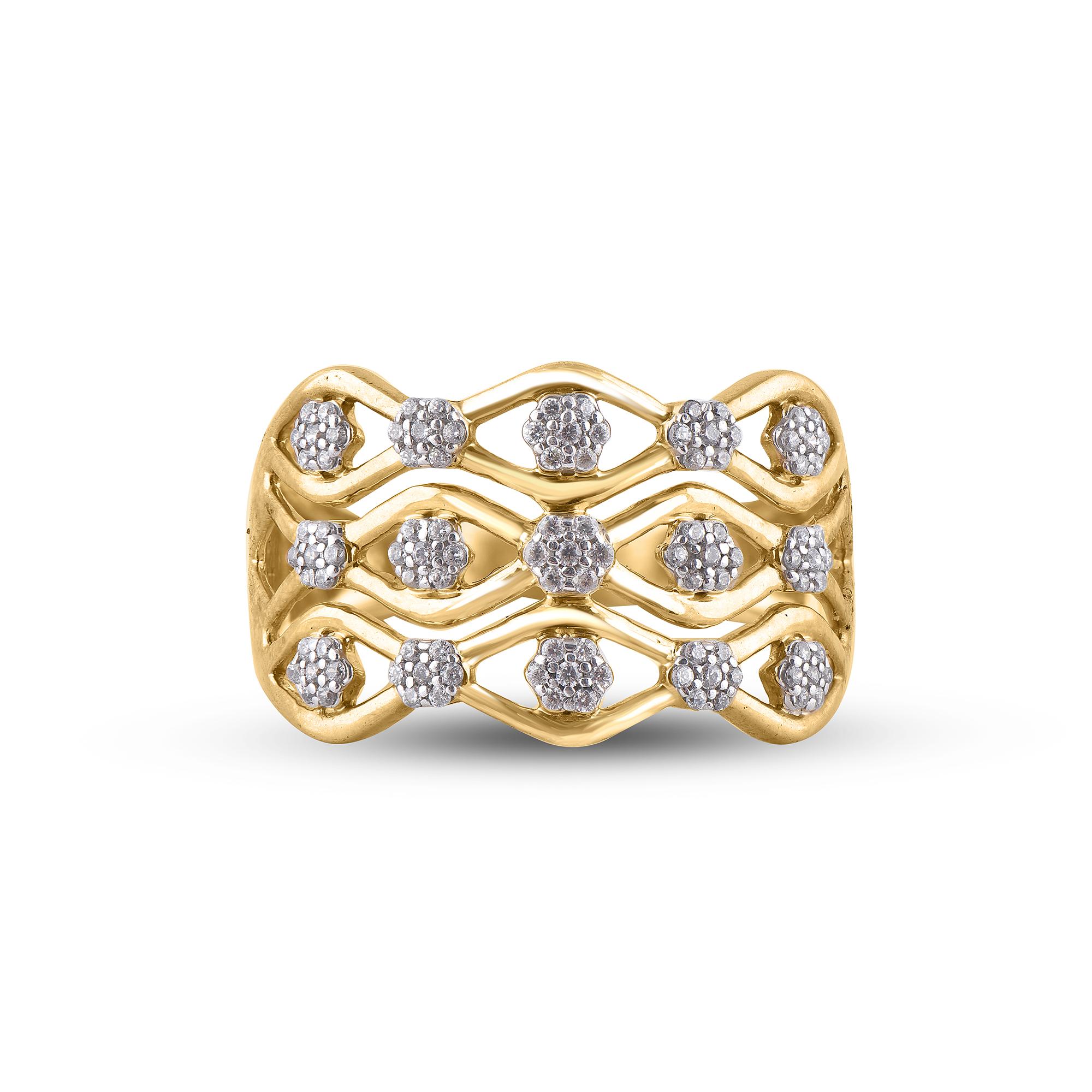 Art Deco TJD 0.33 Carat Round Diamond 14 Karat Yellow Gold Cluster Wave Wide Wedding Band For Sale