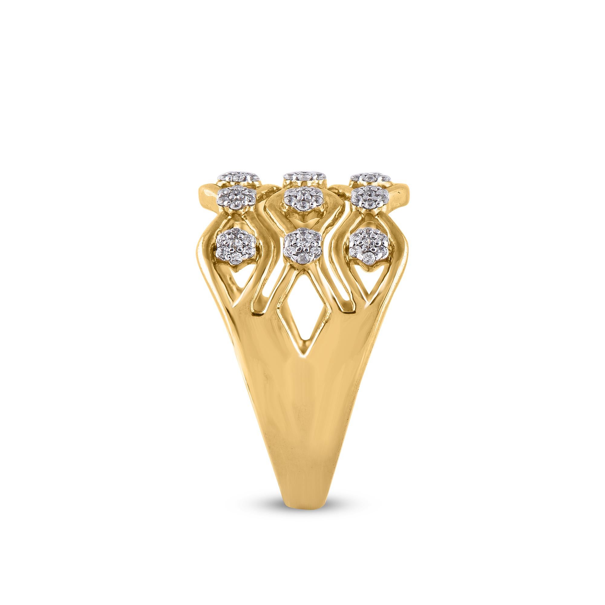 Round Cut TJD 0.33 Carat Round Diamond 14 Karat Yellow Gold Cluster Wave Wide Wedding Band For Sale