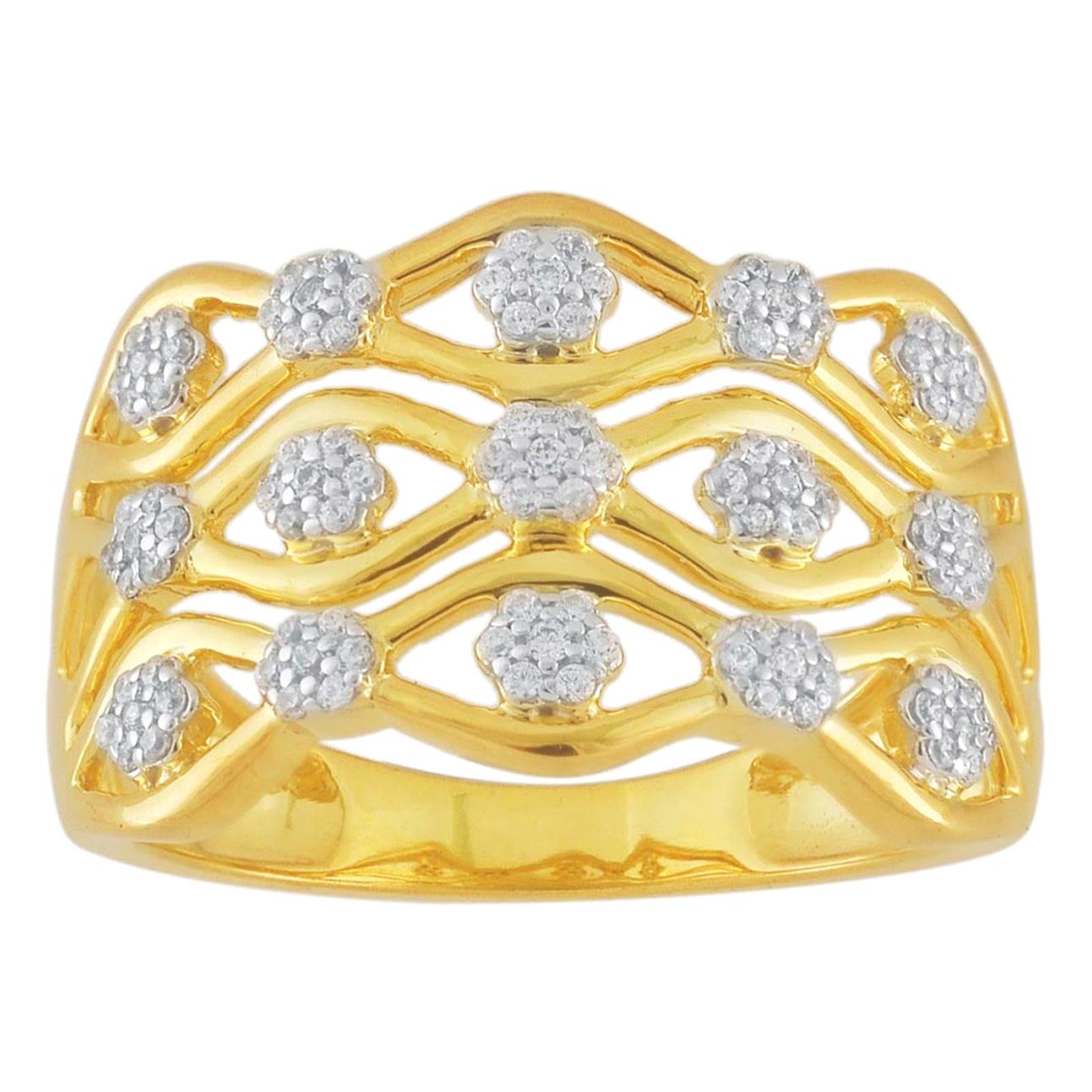 TJD 0.33 Carat Round Diamond 14 Karat Yellow Gold Cluster Wave Wide Wedding Band For Sale