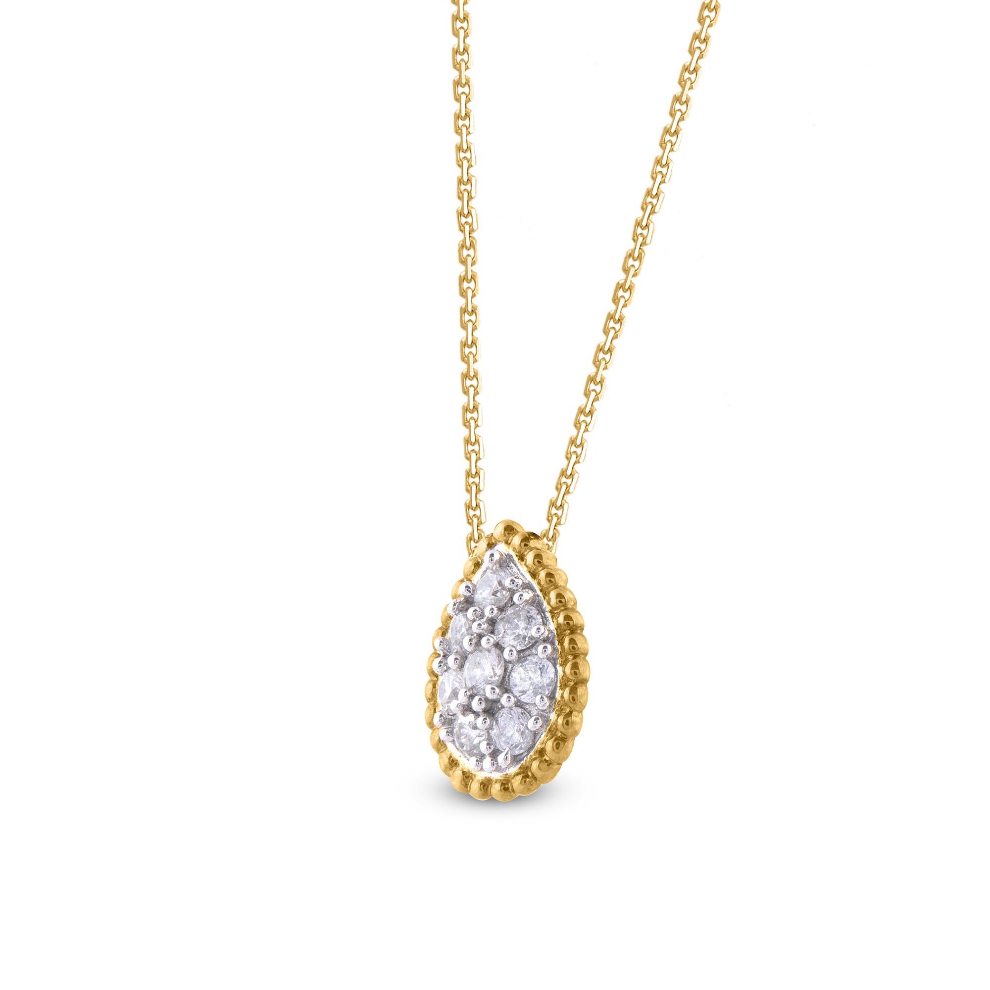 An easy and elegant addition to any attire, this sparkling white diamond pendant creates a style statement. Expertly crafted by our in-house experts in 14 KT yellow gold and accentuated with 8 round diamond set in prong setting. This pendant hangs