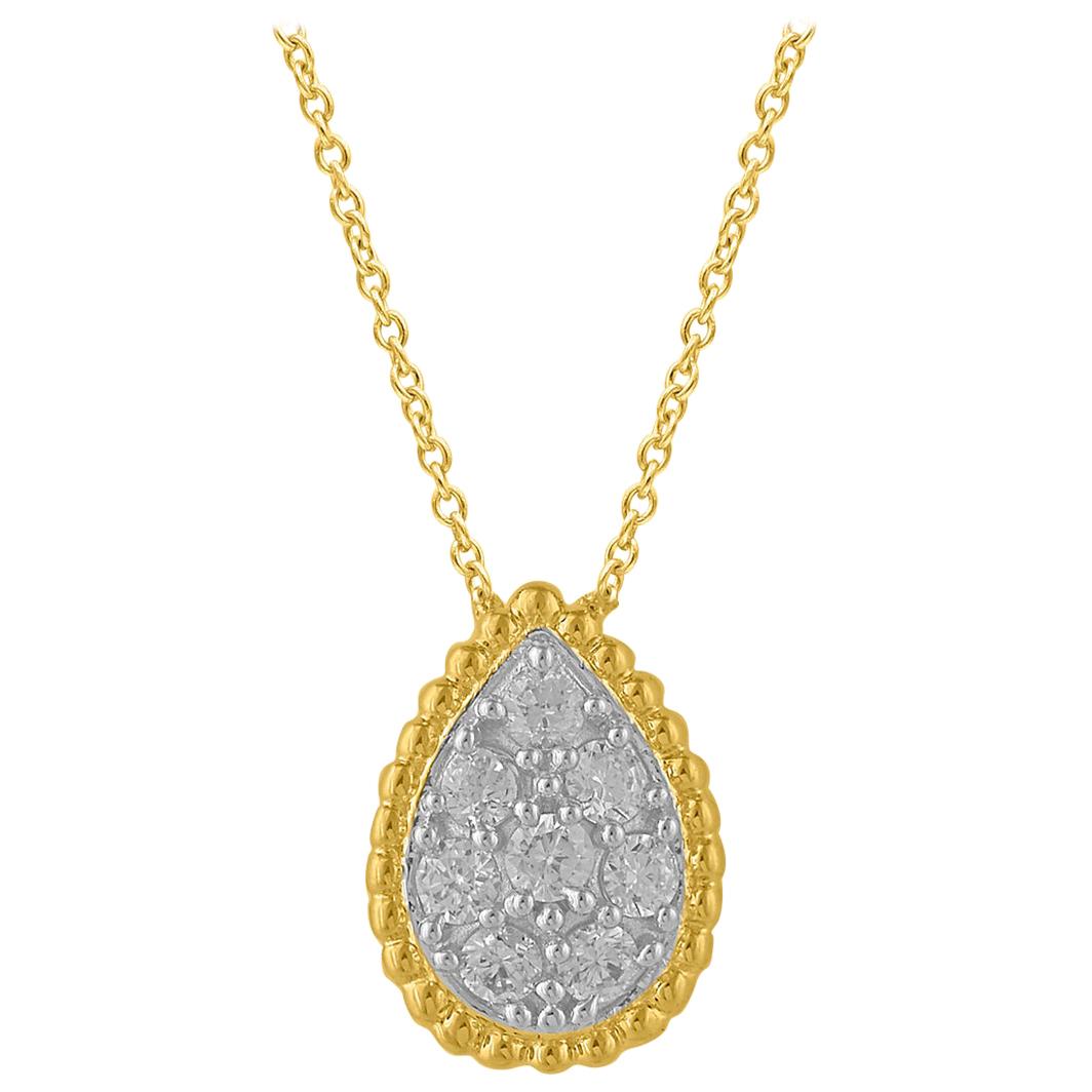 TJD 0.33 Carat Round Diamond 14 Karat Yellow Gold Pear Shape Beaded Edge Pendant