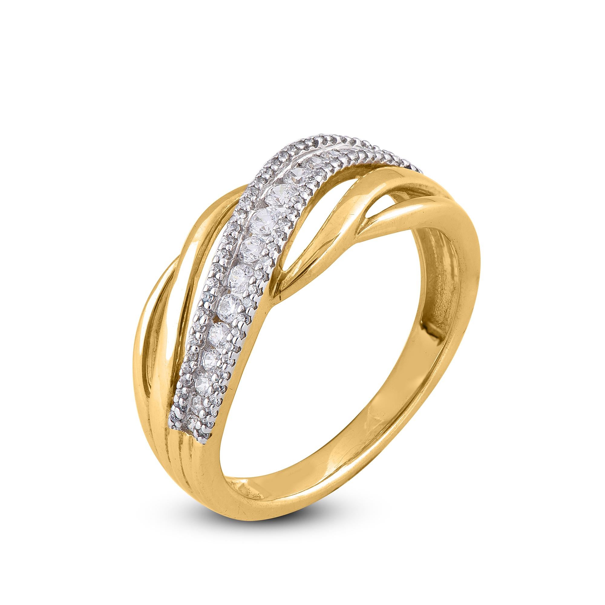 Honor the women you love with this wavy wedding band is expertly crafted in 14 Karat Yellow Gold and features 83 round diamond set in pressure and channel setting. This engagement ring has high polish finish and is a valuable addition to any jewelry