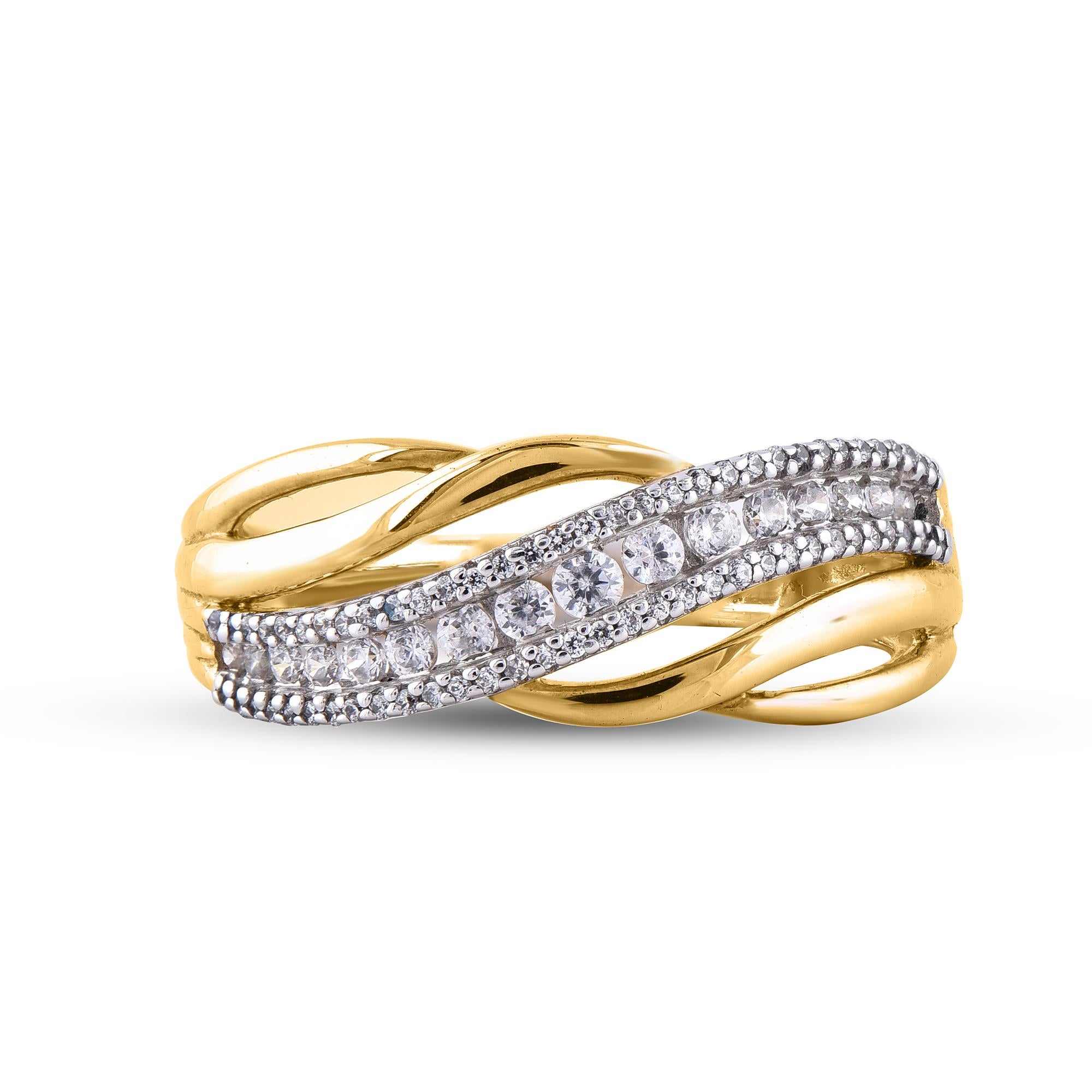 Round Cut TJD 0.33 Carat Round Diamond 14 Karat Yellow Gold Wavy Shaped Wedding Band Ring For Sale