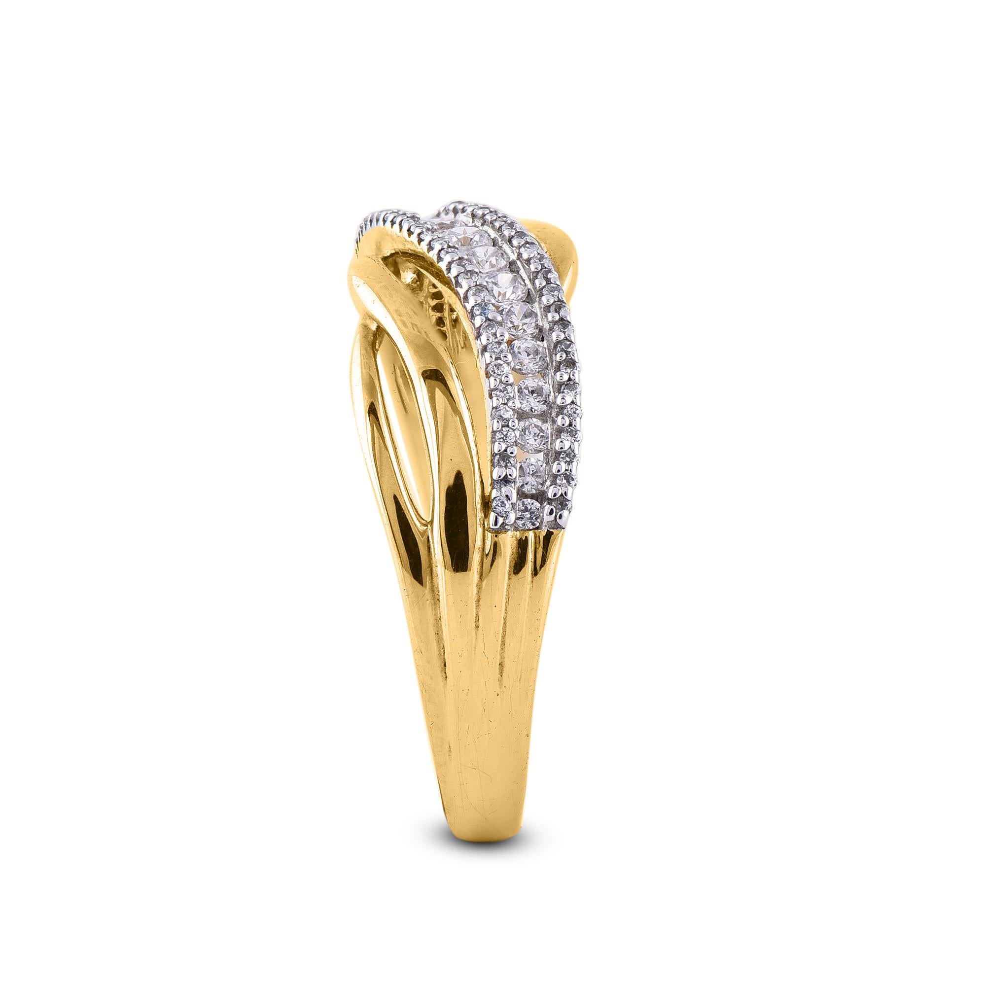 Round Cut TJD 0.33 Carat Round Diamond 14 Karat Yellow Gold Wavy Shaped Wedding Band Ring For Sale