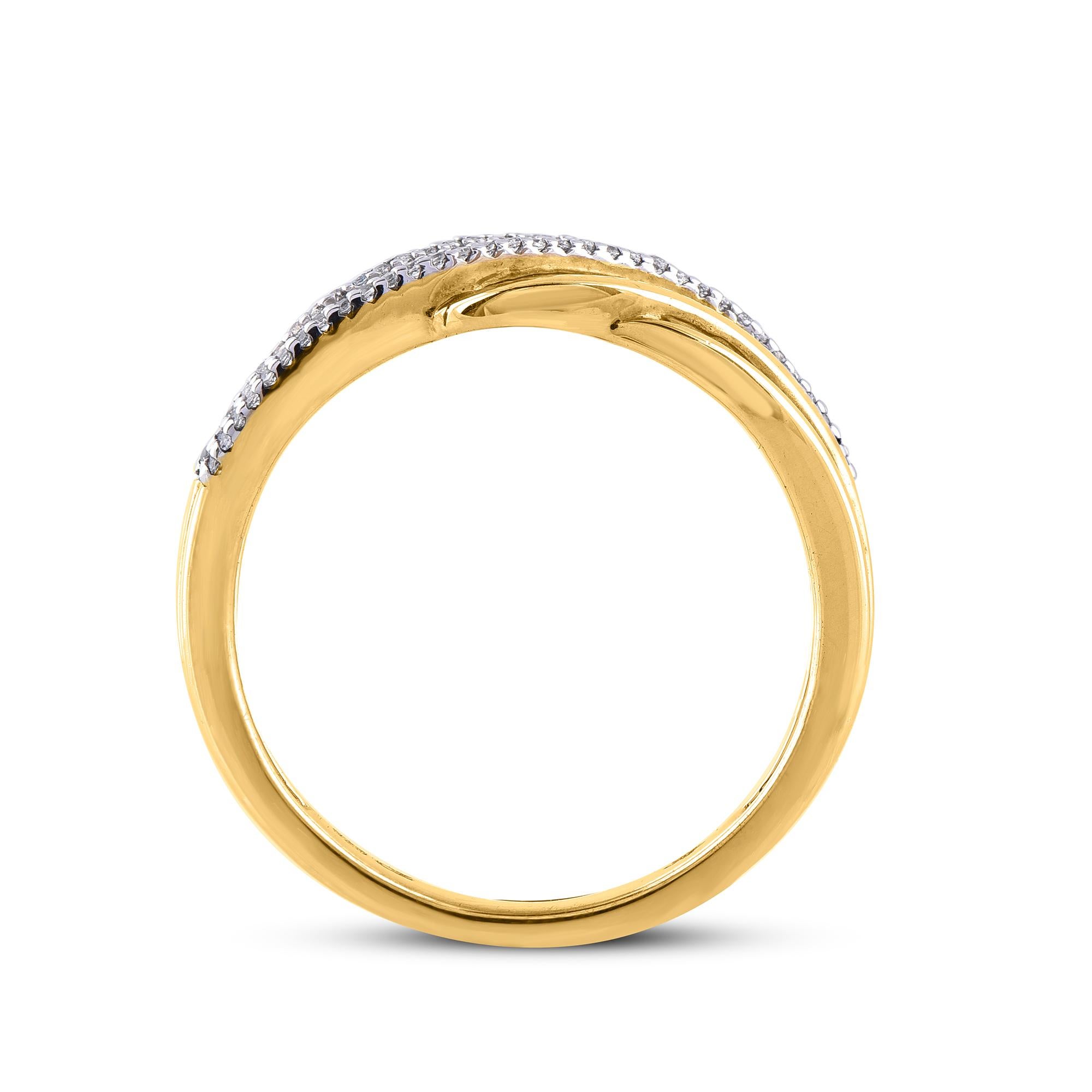 Women's TJD 0.33 Carat Round Diamond 14 Karat Yellow Gold Wavy Shaped Wedding Band Ring For Sale