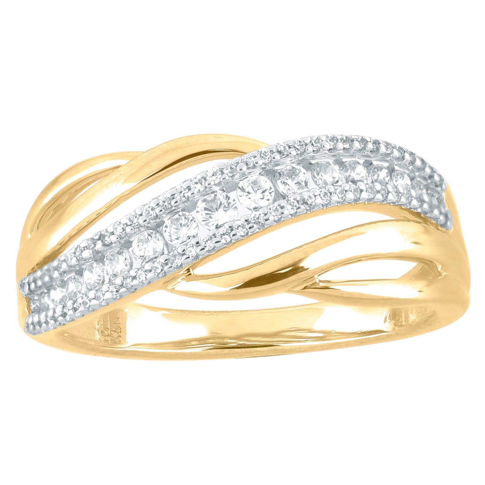 TJD 0.33 Carat Round Diamond 14 Karat Yellow Gold Wavy Shaped Wedding Band Ring For Sale