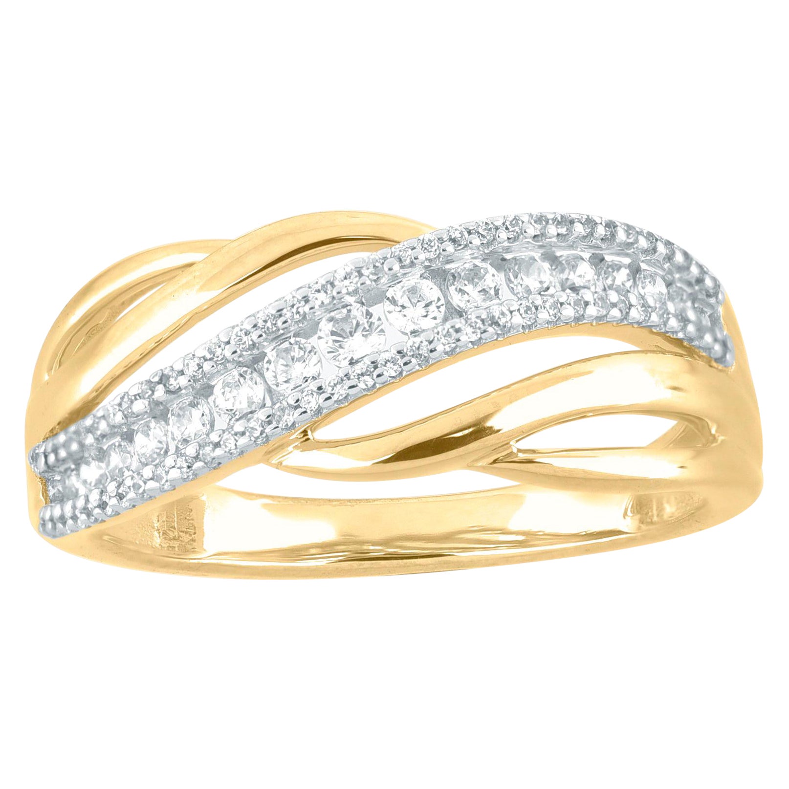 TJD 0.33 Carat Round Diamond 14 Karat Yellow Gold Wavy Shaped Wedding Band Ring
