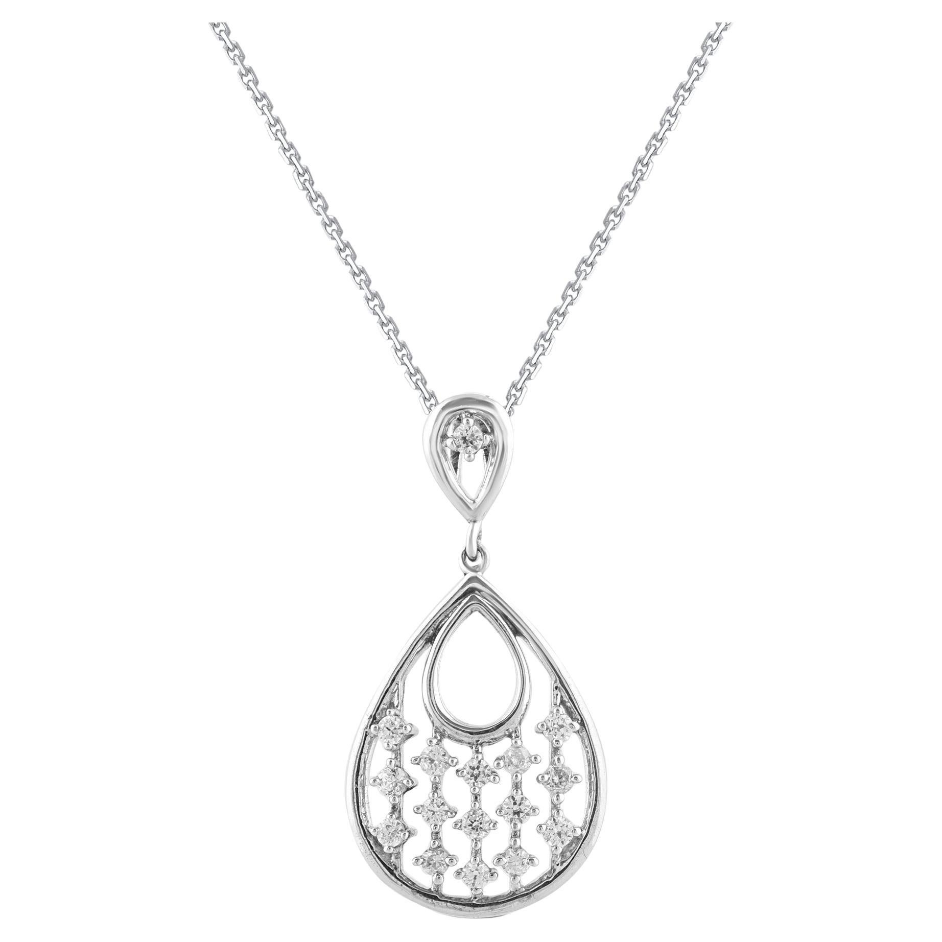 TJD 0.33 Carat Round Diamond 14K White Gold Designer Pear Shaped Drop Pendant For Sale