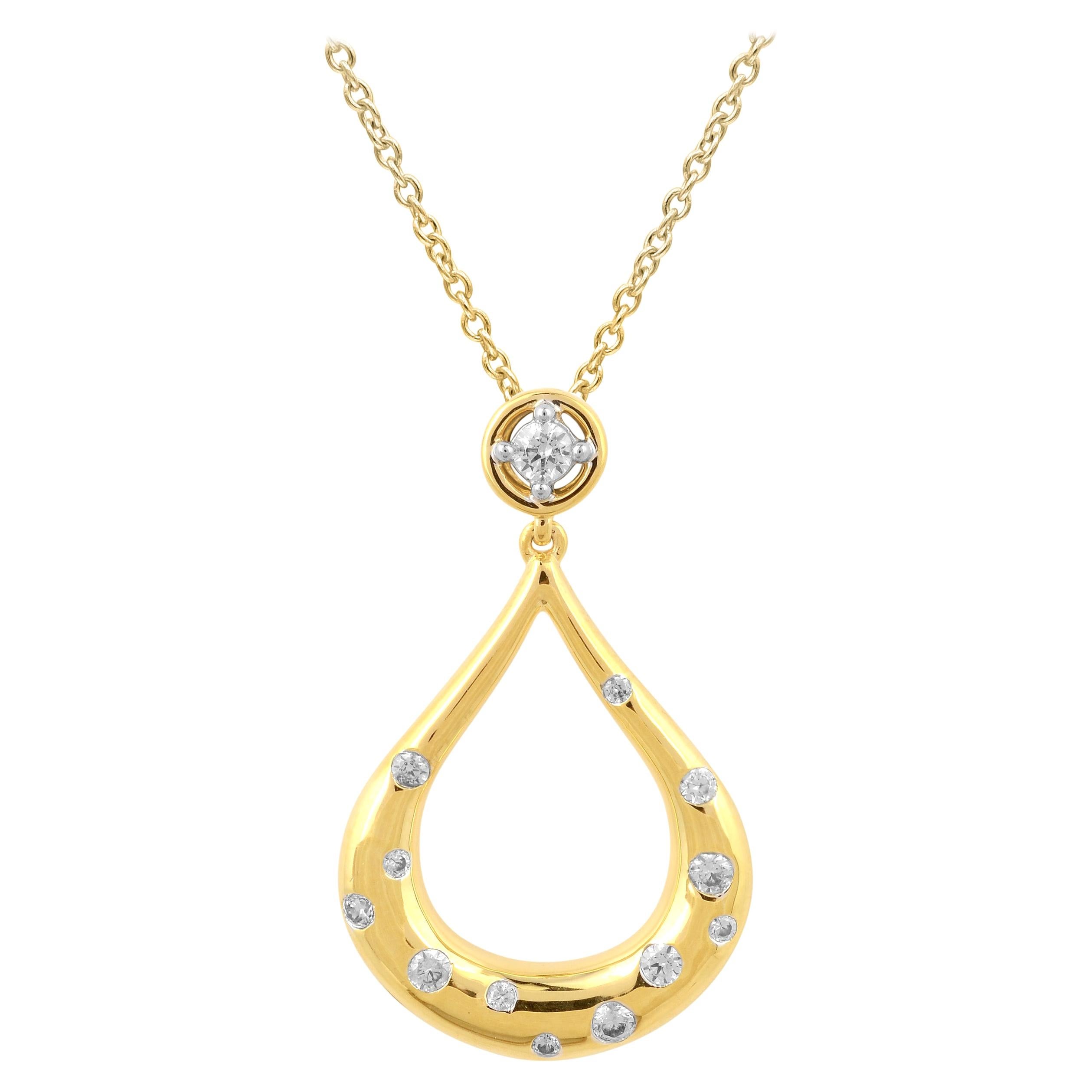 TJD 0.33 Carat Round Diamond 14K Yellow Gold Flush Set Fashion Teardrop Pendant