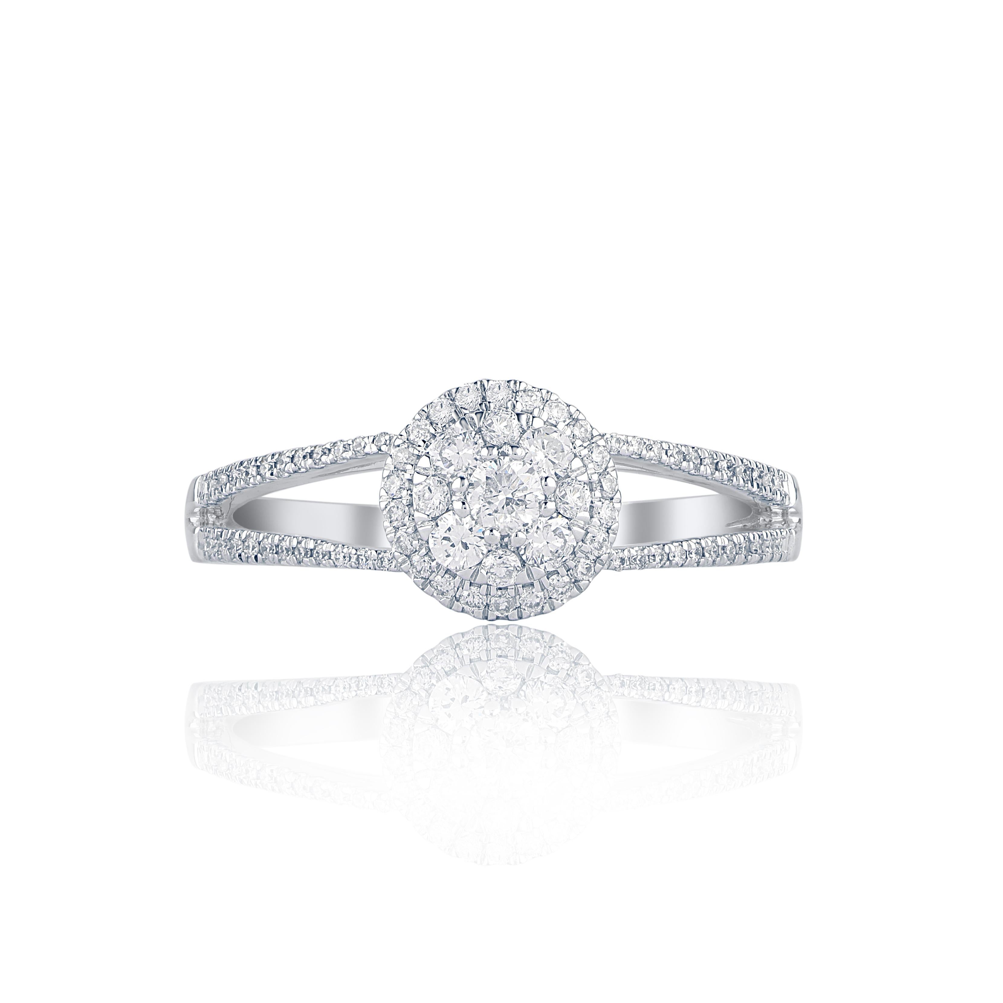 Express your love for her in the most classic way with this diamond ring. Crafted in 14 Karat white gold. This wedding ring features a sparkling 75 single cut and brilliant cut round diamond beautifully set in prong setting. The total diamond weight