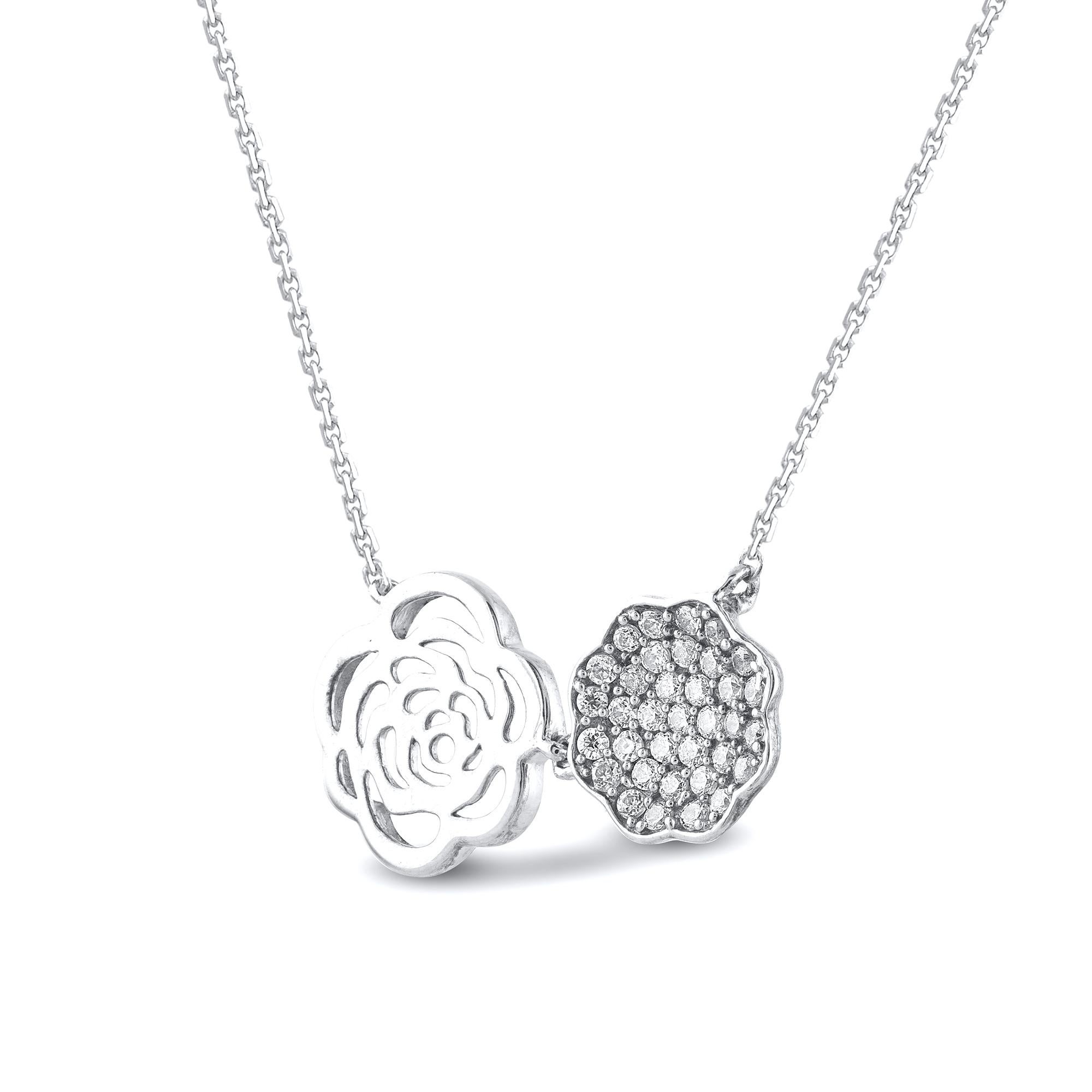 Truly exquisite, this diamond floral pendant set is sure to be admired for the inherent classic beauty and elegance within its design which embedded with 36 round diamond set in prong setting. The total weight of diamonds 0.33 carat, H-I color, I2