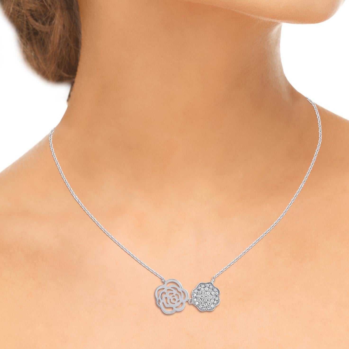 Round Cut TJD 0.33 Carat Round Diamond 14Kt White Gold Two Floral Designer Fashion Pendant For Sale