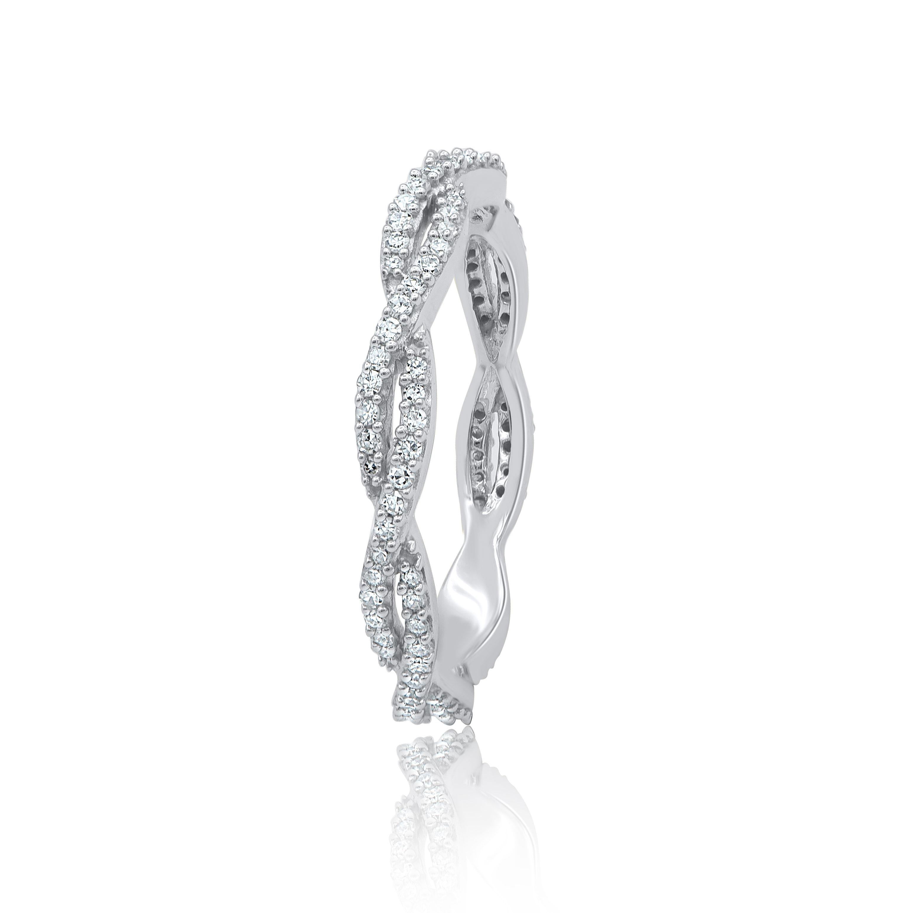 Honor the women you love with this eternity wedding band is expertly crafted in 14 Karat White Gold and features 104 single cut round diamond set in prong setting. This eternity band has high polish finish and is a valuable addition to any jewelry