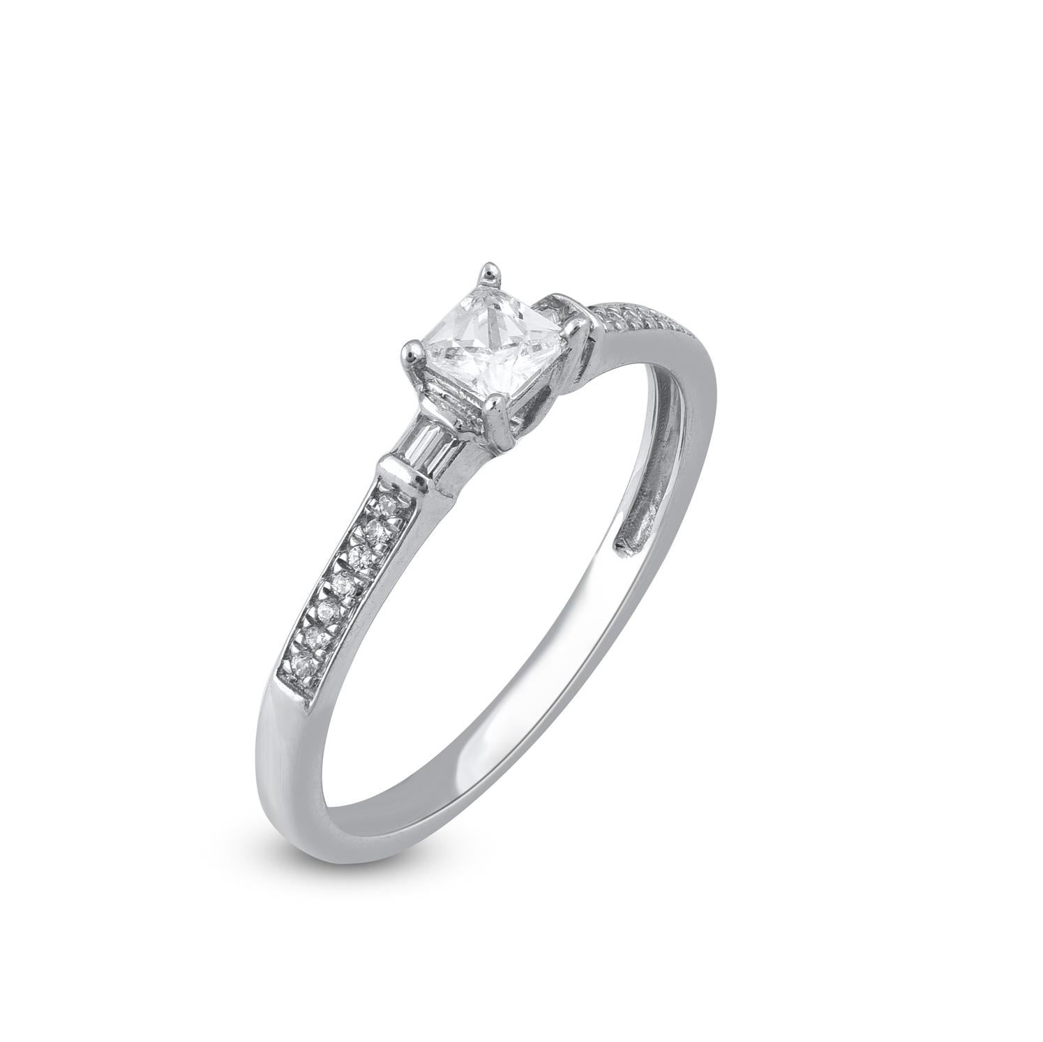 Simply stunning engagement ring features 0.26 ct princess cut center stone and 0.07 ct of 14 round and 4 baguette diamond frame and shank lined diamonds. This ring is handcrafted in 14 karat white gold diamond set in prong, pave and channel setting.