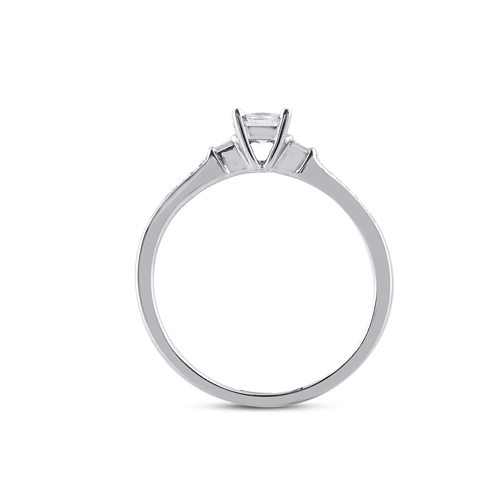 Round Cut TJD 0.33 Carat Round, Princess & Baguette Diamond 14K White Gold Engagement Ring For Sale