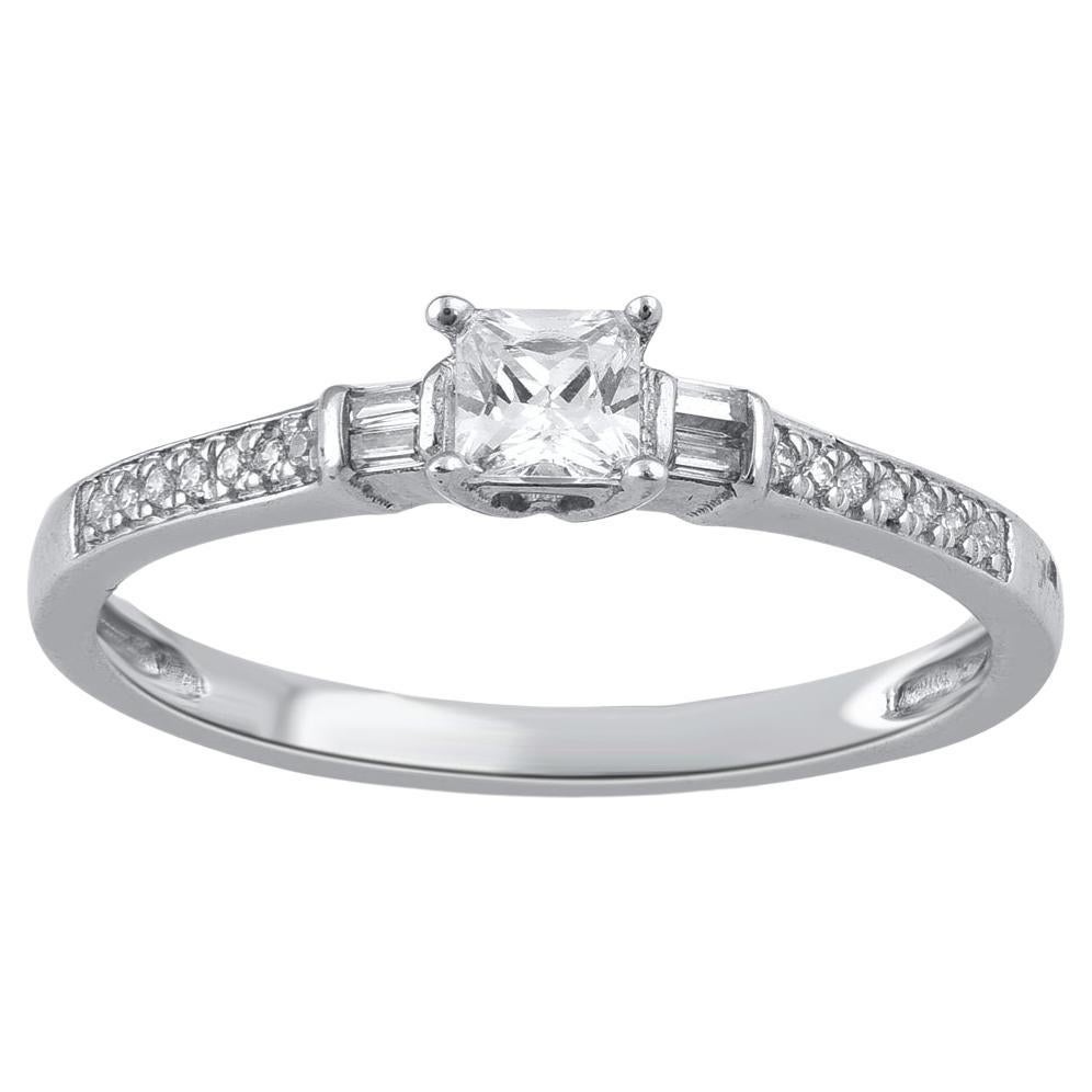 TJD 0.33 Carat Round, Princess & Baguette Diamond 14K White Gold Engagement Ring For Sale