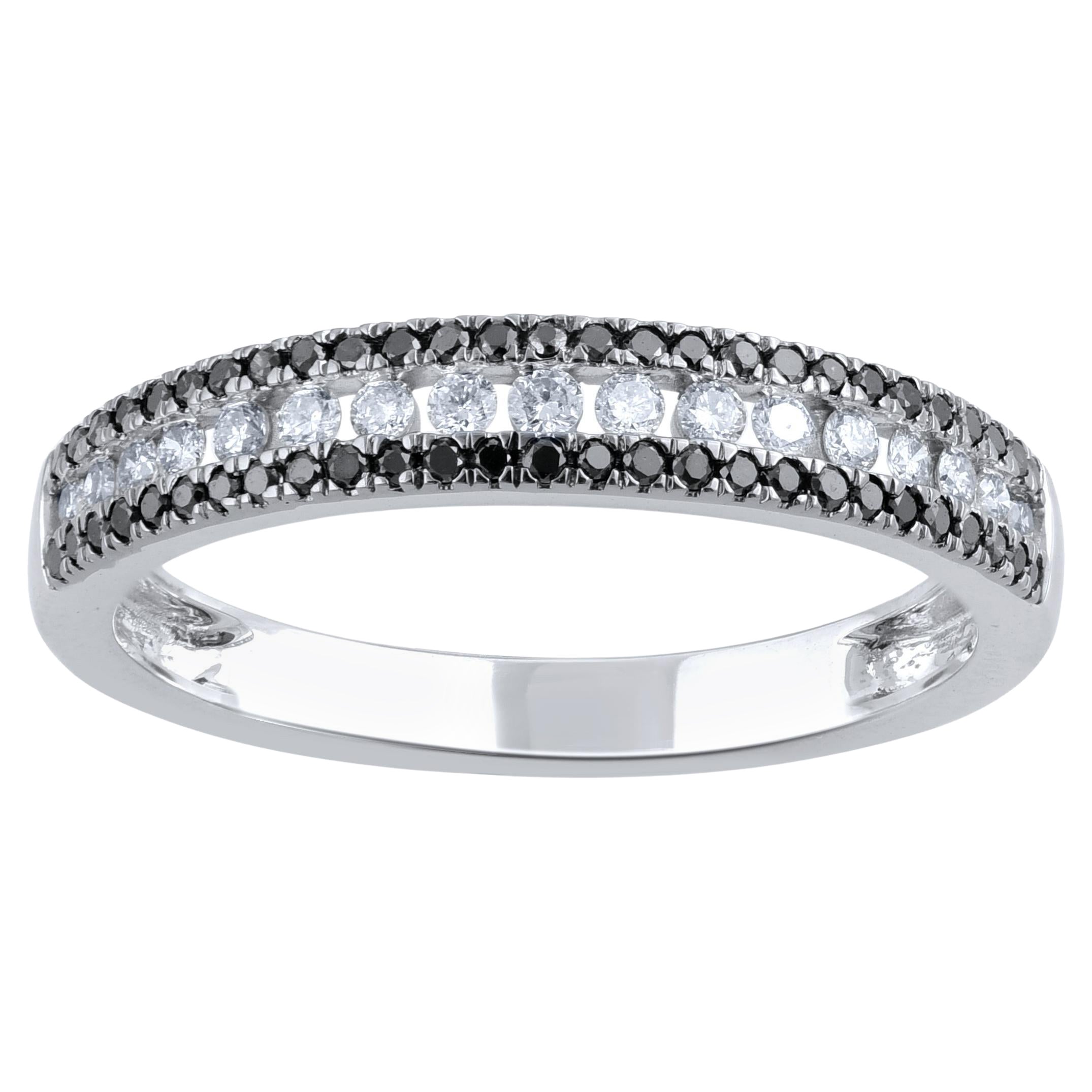 TJD 0.33 Carat White & Treated Black Diamond 14 Karat Gold Stackable Band Ring