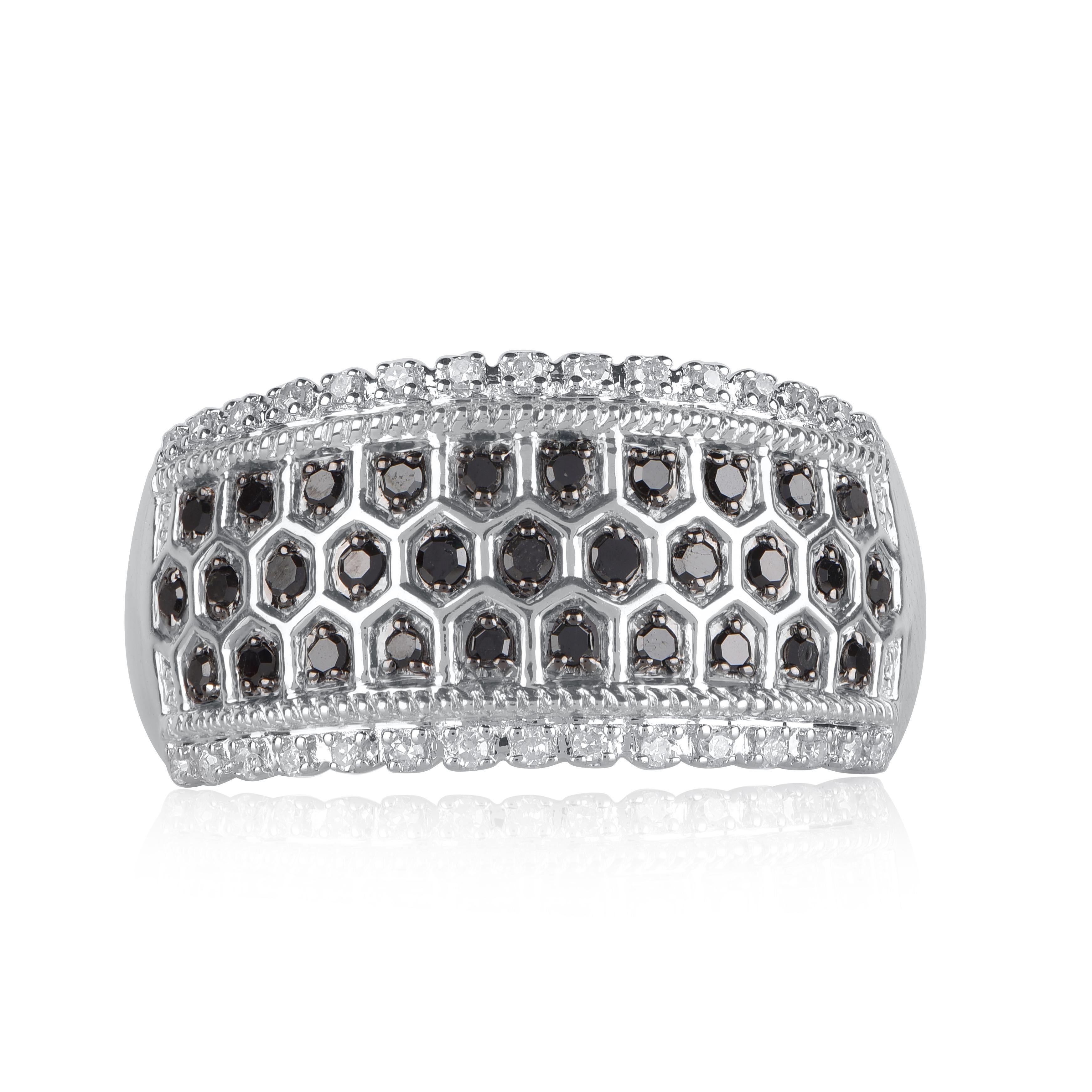 This ring make any day a little more glamorous! These ring is crafted in 14KT white gold, and studded with 61 single cut and black treated natural diamonds in pave setting. The total diamond weight of these diamond ring is 0.33 carats. The diamonds