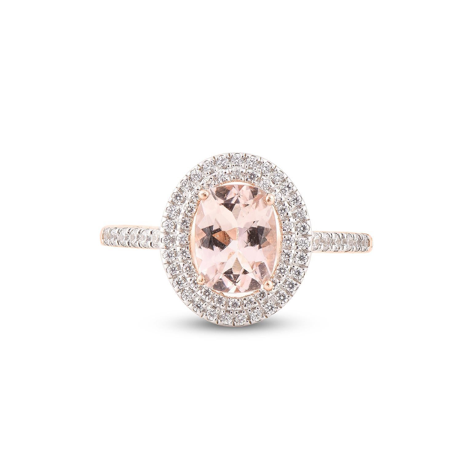 Art Deco TJD 0.33 CT Round Diamond & 8X6mm Oval Morganite 14K Rose Gold Double Frame Ring For Sale
