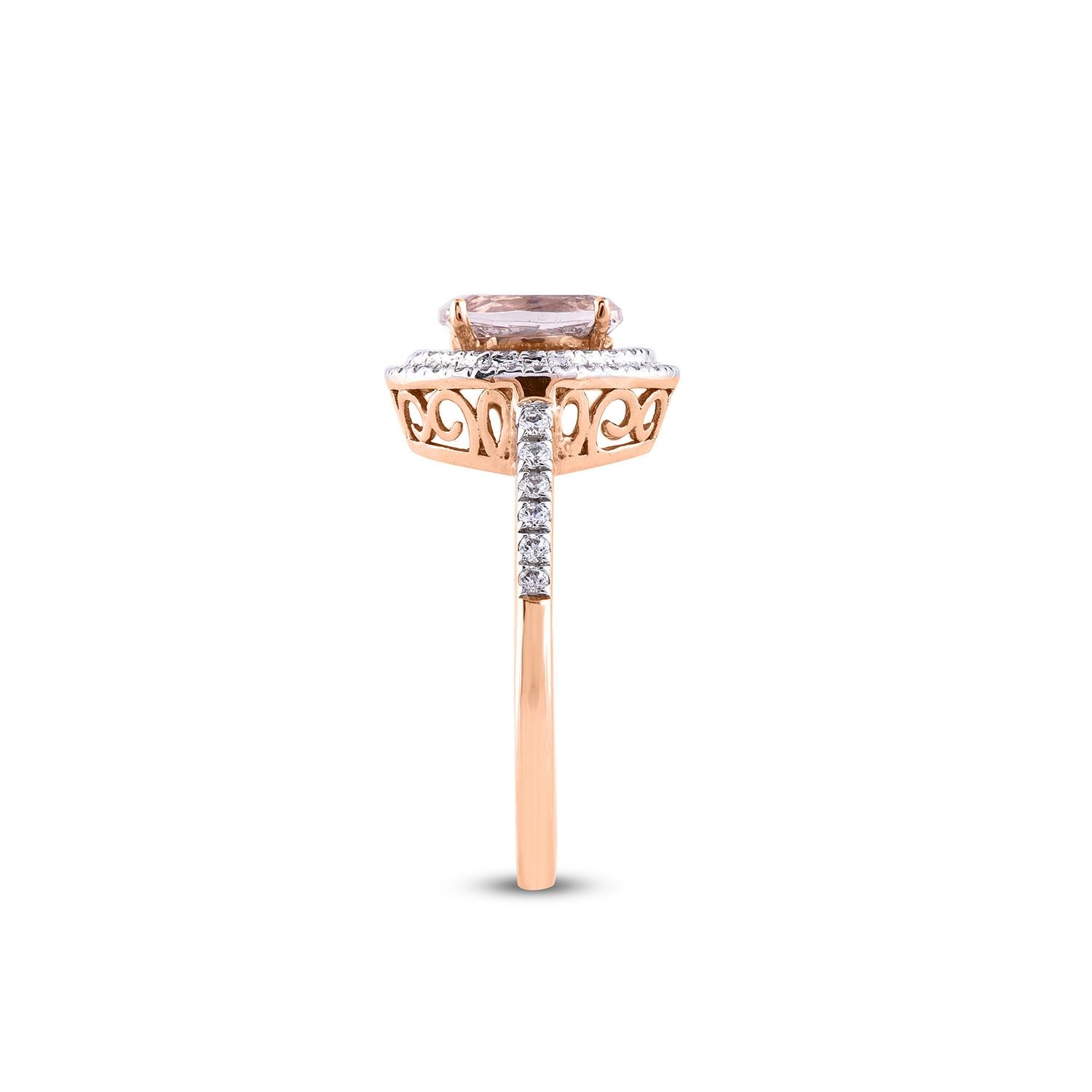 Oval Cut TJD 0.33 CT Round Diamond & 8X6mm Oval Morganite 14K Rose Gold Double Frame Ring For Sale