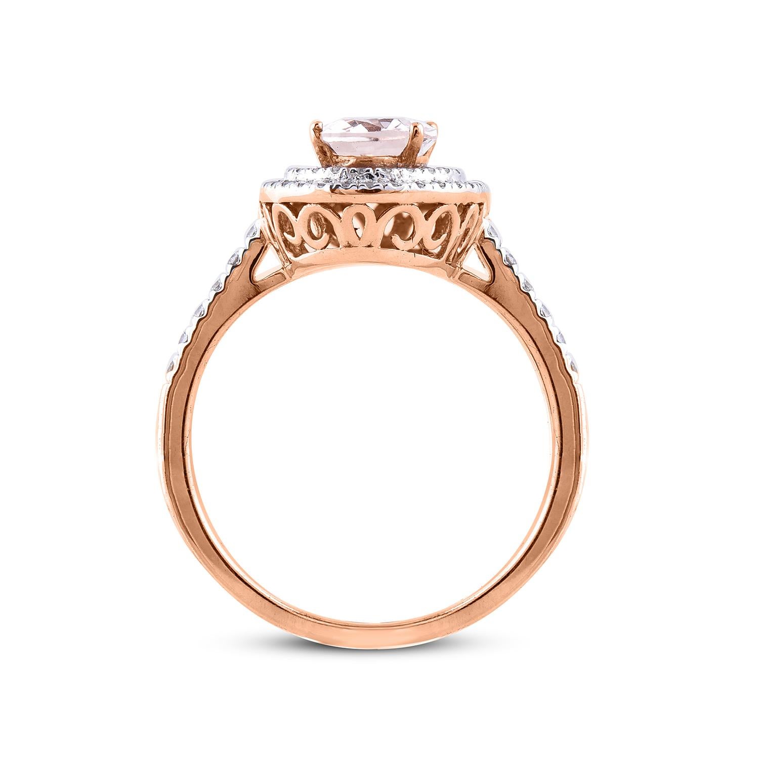 TJD 0.33 CT Round Diamond & 8X6mm Oval Morganite 14K Rose Gold Double Frame Ring In New Condition For Sale In New York, NY
