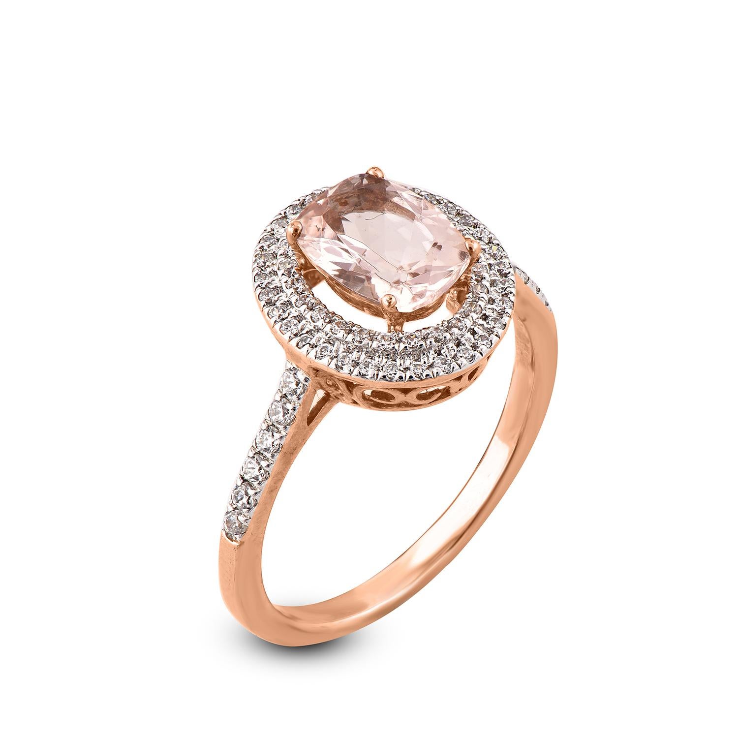 An easy and elegant addition to any attire, this sparkling diamond and Oval shape Morganite creates a style statement. Accentuated with 67 round, and 1 Morganite set in prong and pave setting and crafted by skillful craftsmen in 14 karat white gold.