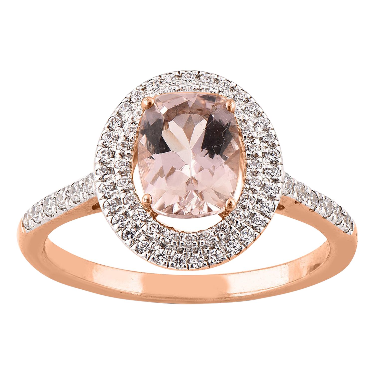 TJD 0.33 Ct Round Diamond & 8X6mm Oval Morganite 14K Rose Gold Double Frame Ring For Sale