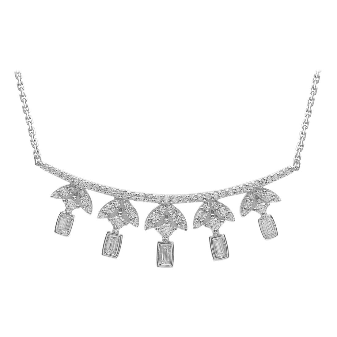 TJD 0.33 Carat Round & Baguette Diamond 14Kt White Gold Curved Bar Leaf Necklace For Sale