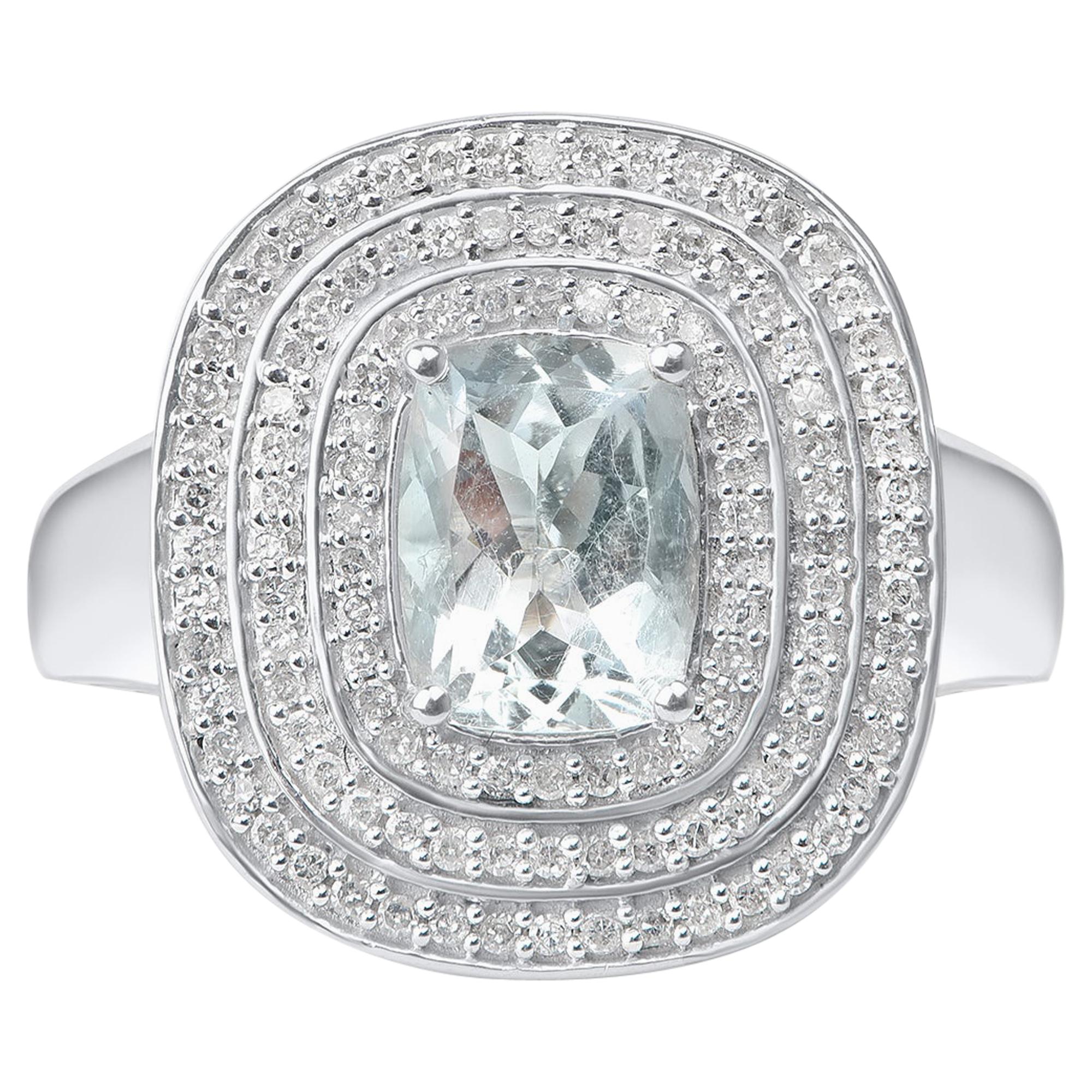 TJD 0.35 Carat Diamond and 8 X 6 MM Cushion Cut Aquamarine 14K White Gold Ring