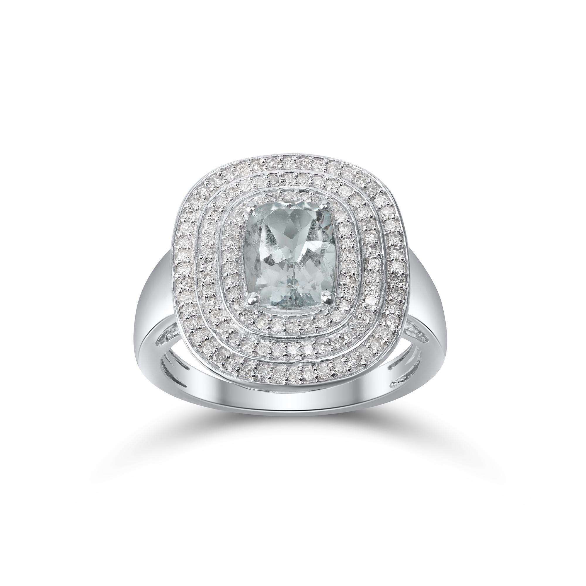 Modern TJD 0.35 Carat Diamond and 8 X 6 MM Cushion Cut Aquamarine 14KT White Gold Ring For Sale